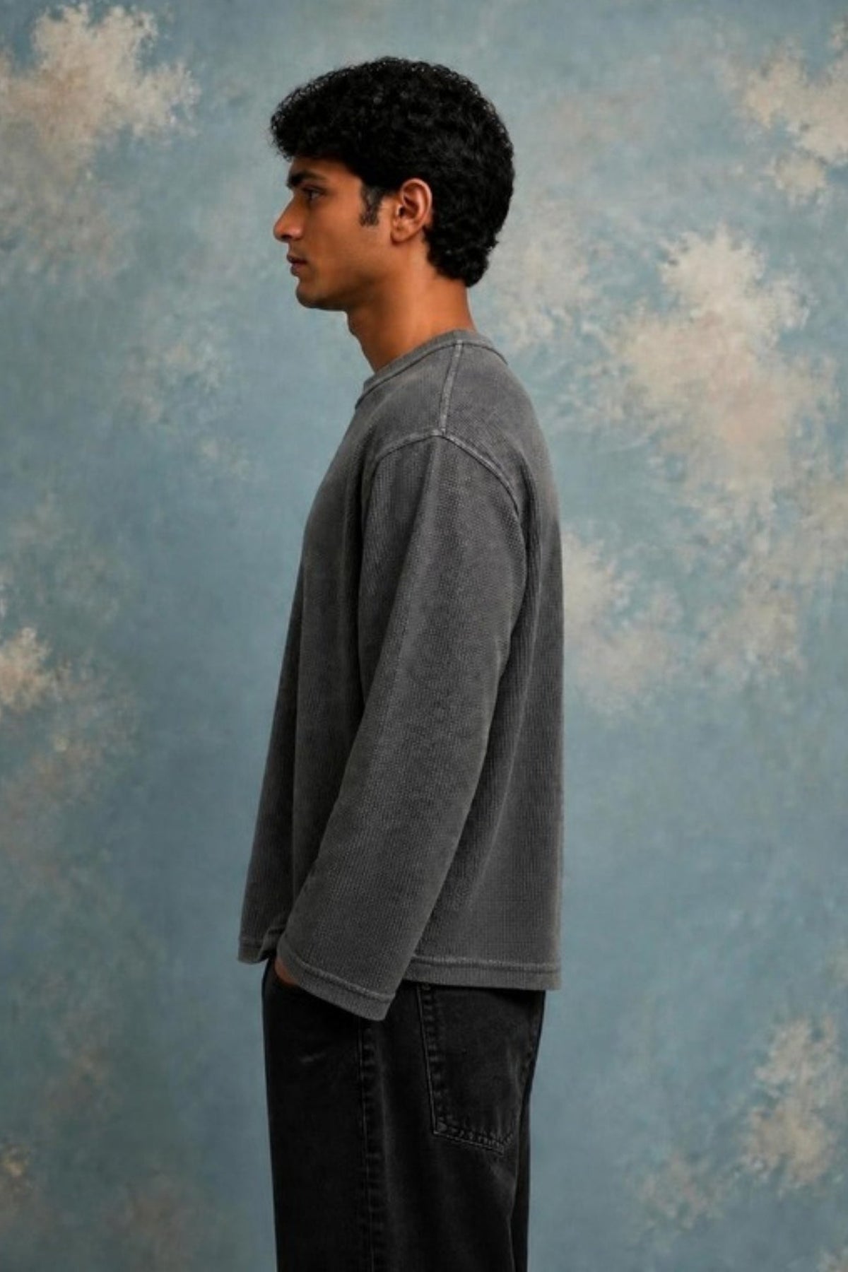 Side profile of the Sleepysleve No Risk No Story acid wash waffle tee