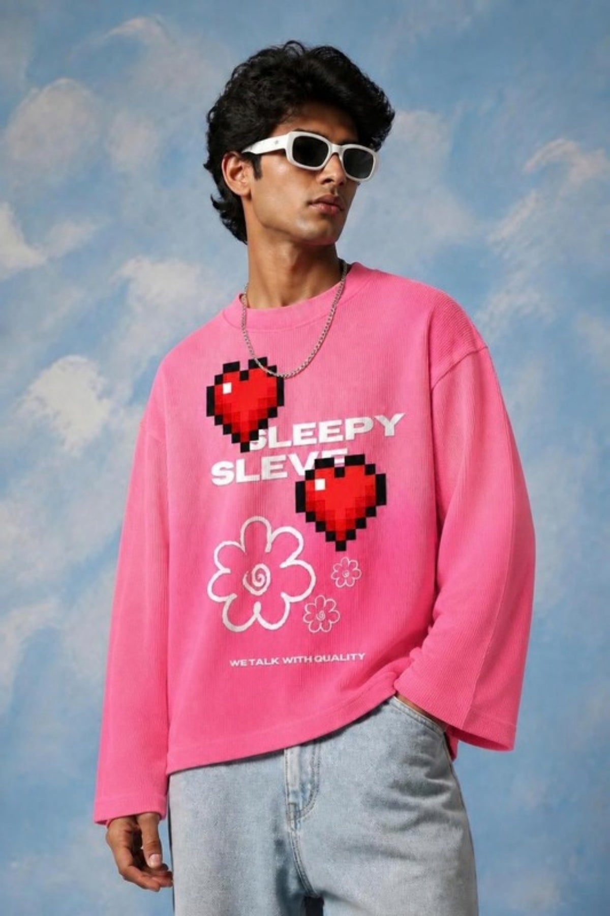 Model wearing the Sleepysleve Love Full Sleeve pink ombre waffle tee with open sleeves