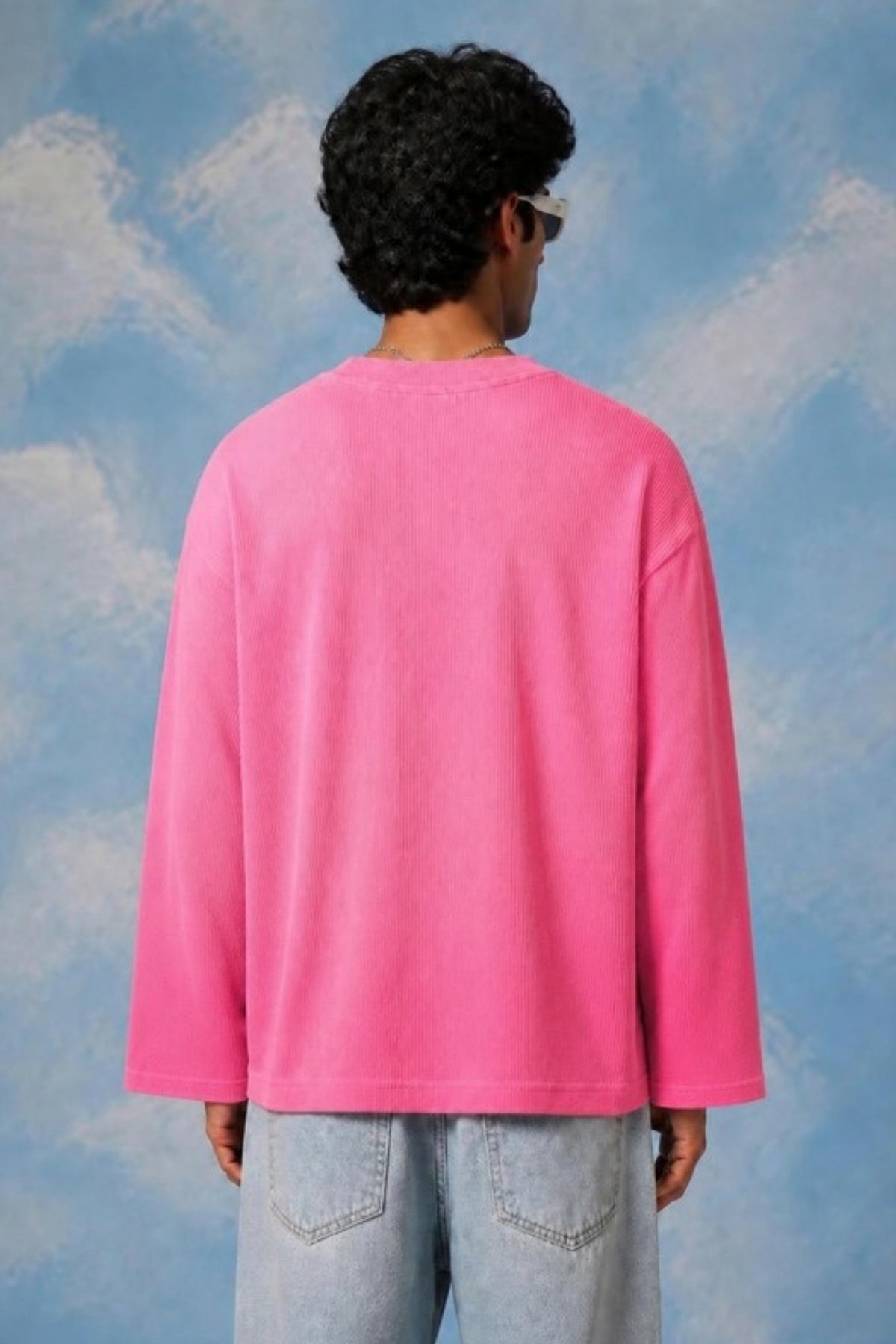 Back view of the Sleepysleve Love Full Sleeve pink ombre waffle tee on a model