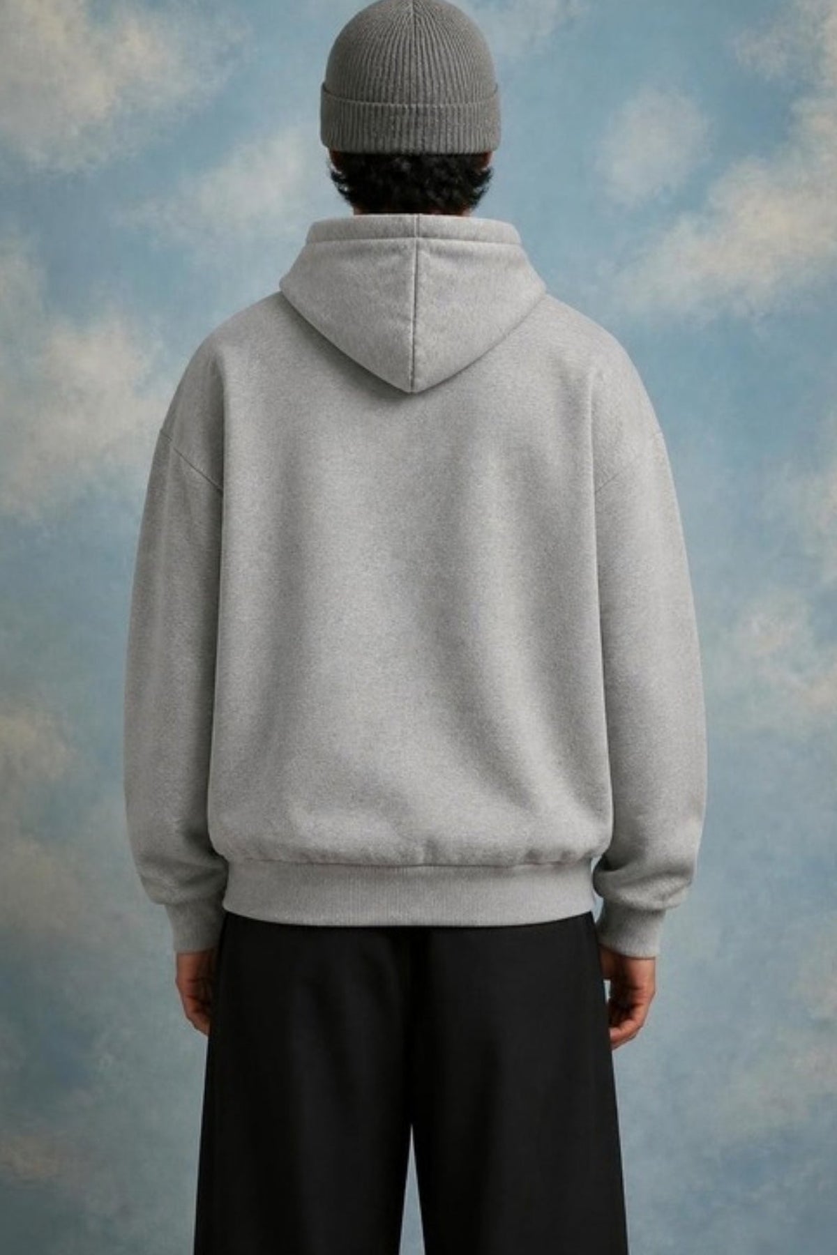 Back view of the Sleepysleve Grey Double Zip Hoodie on a model