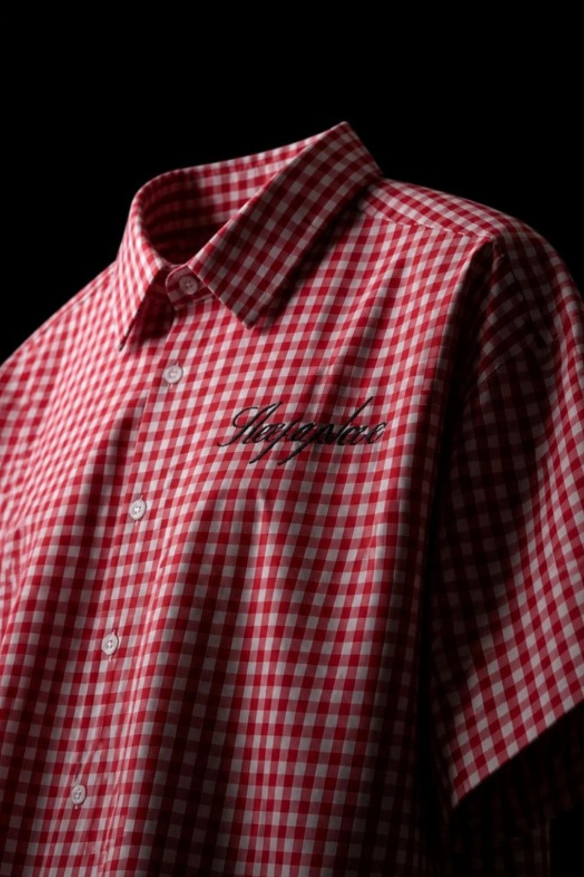 Close-up angle of the Sleepysleve Red Gingham Oxford Boxy Shirt chest and collar