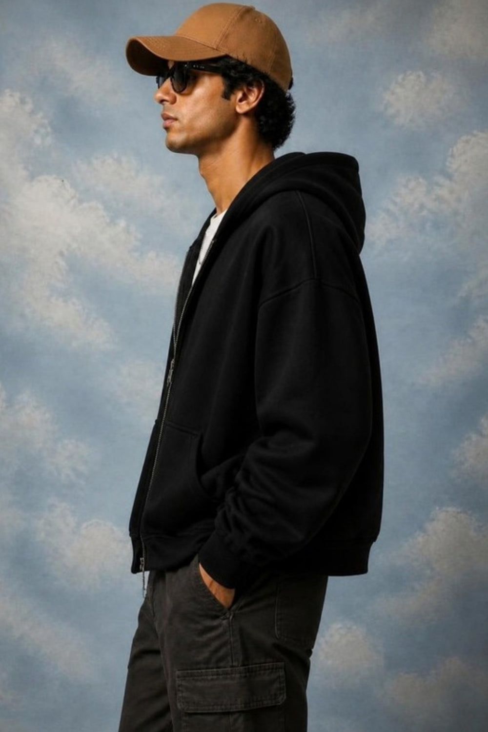 Black Basic Double Zip Hoodie