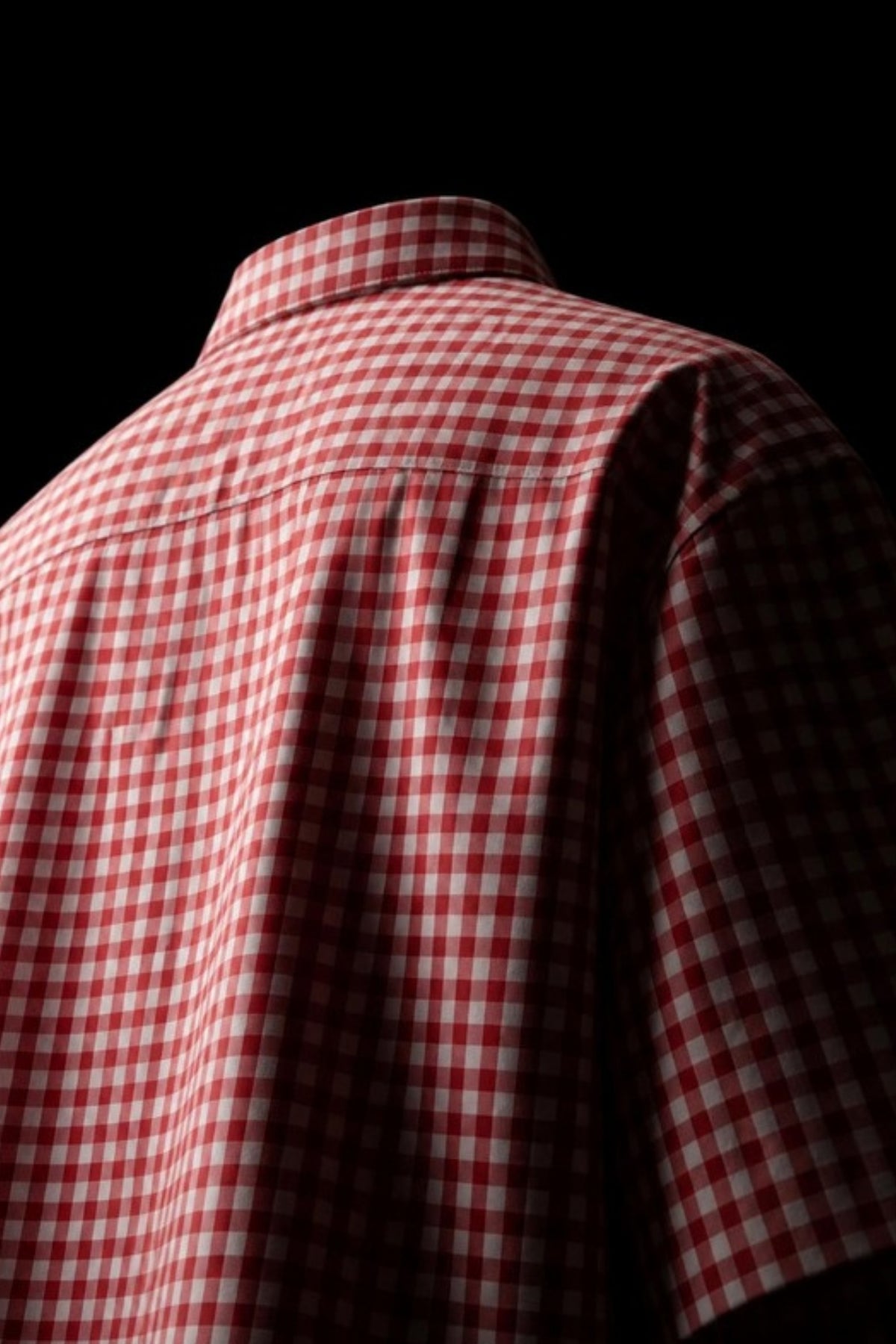 Close-up angle of the Sleepysleve Red Gingham Oxford Boxy Shirt back and shoulder