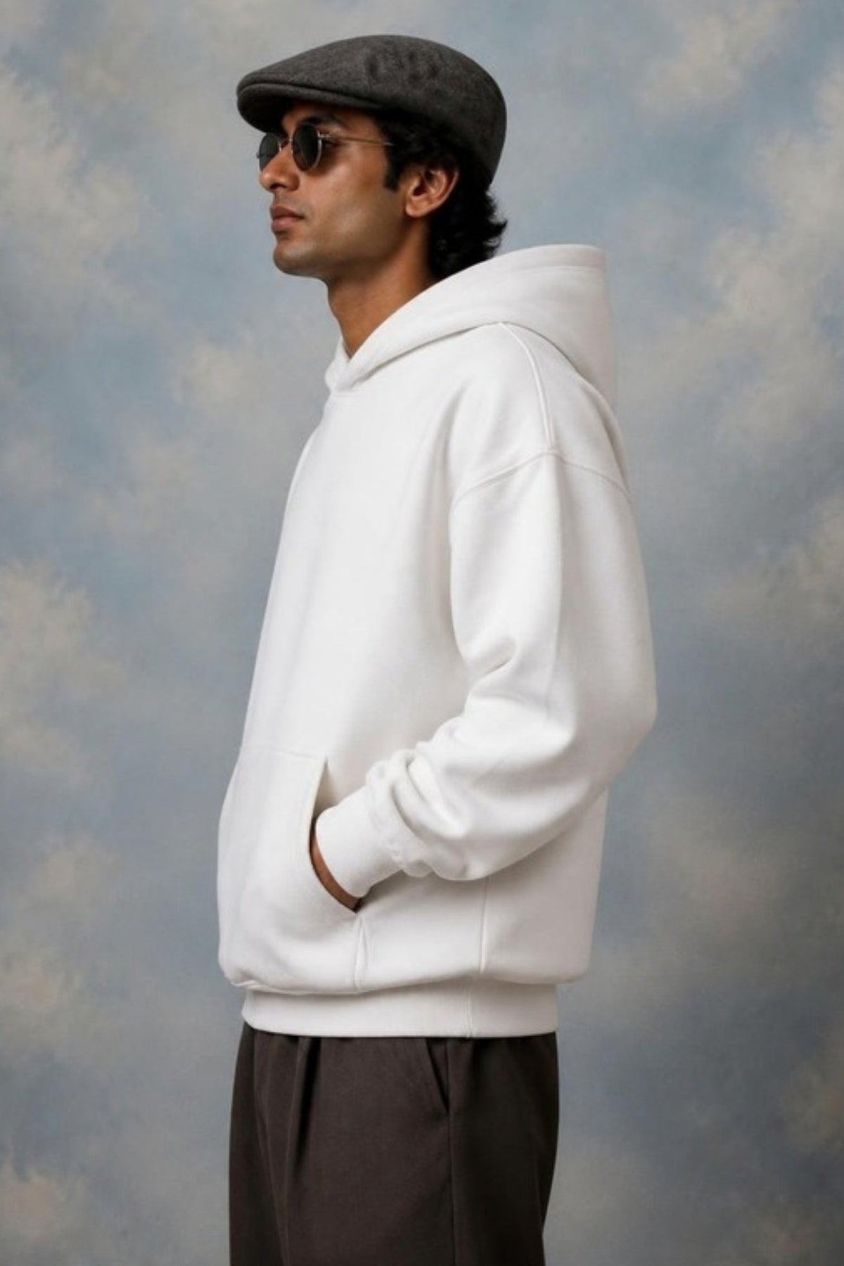 Side profile of the Sleepysleve White Oversized Hoodie showing the boxy fit