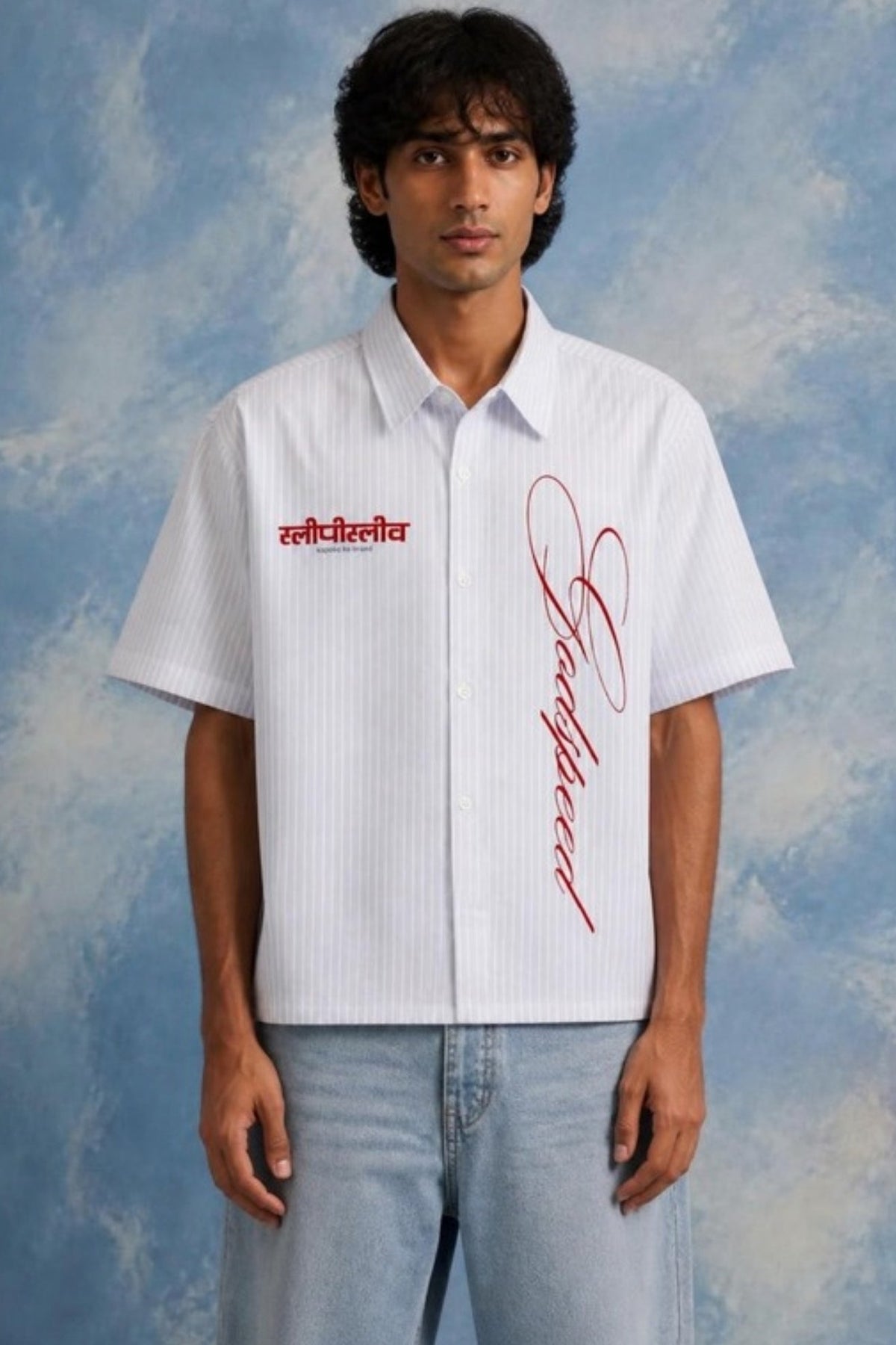 Front of the Sleepysleve Godspeed striped Oxford shirt on a model