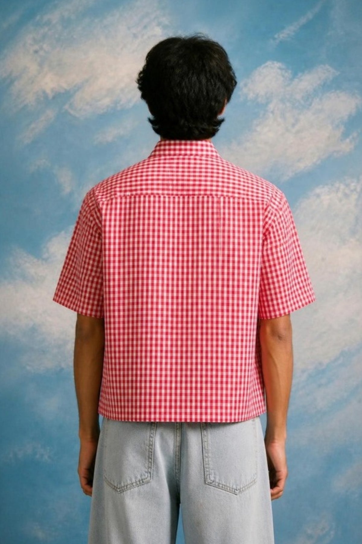Back view of the Sleepysleve Red Gingham Oxford Boxy Shirt on a model