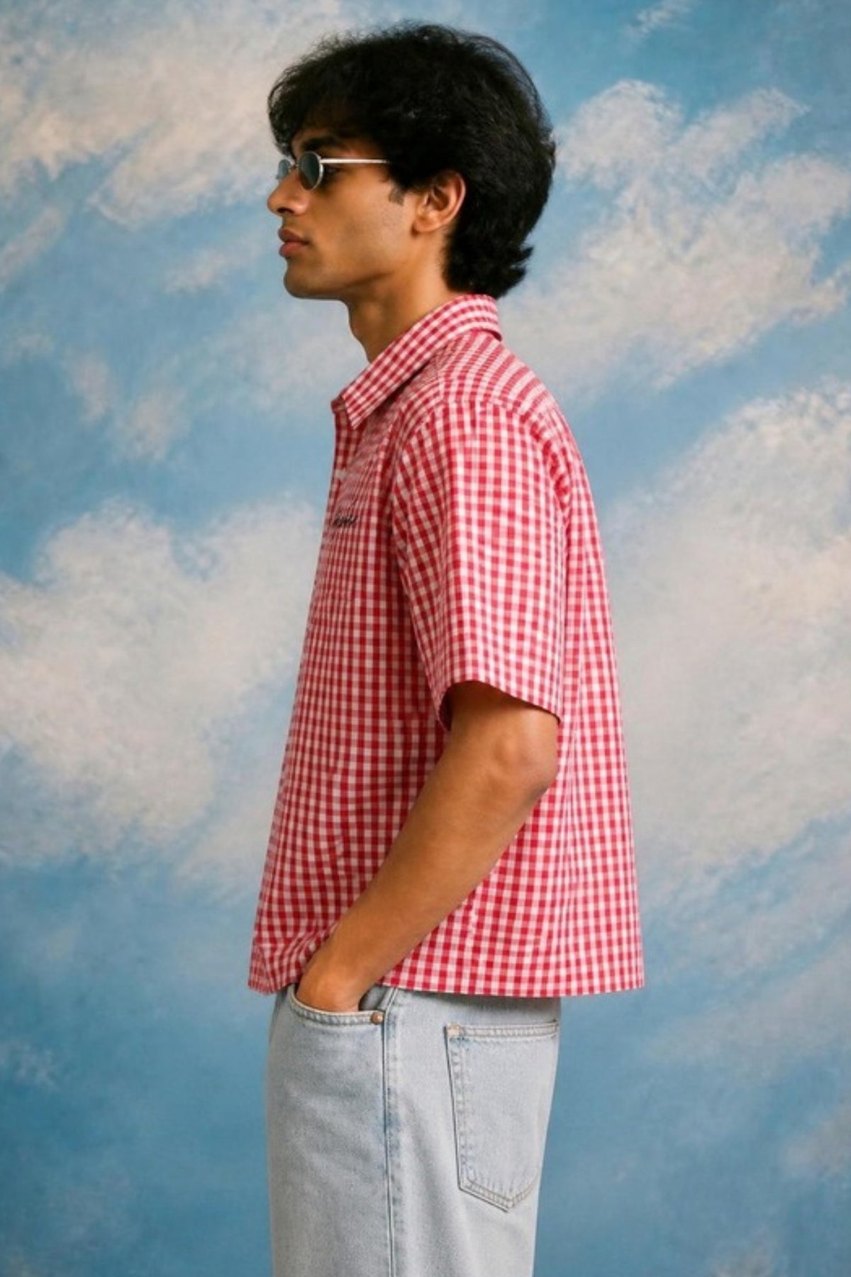 Side profile of the Sleepysleve Red Gingham Oxford Boxy Shirt