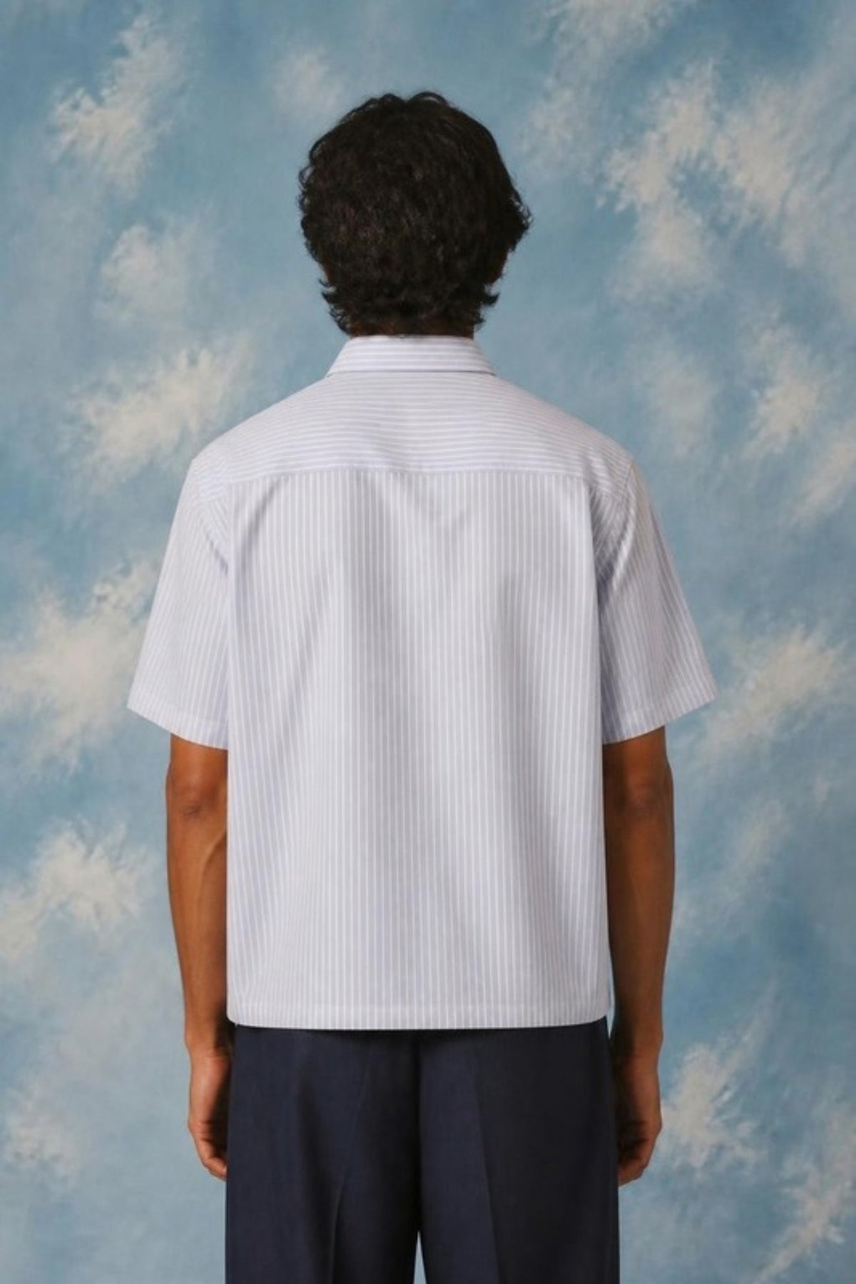 Back view of the Sleepysleve Blue Striped Oxford Boxy Shirt on a model