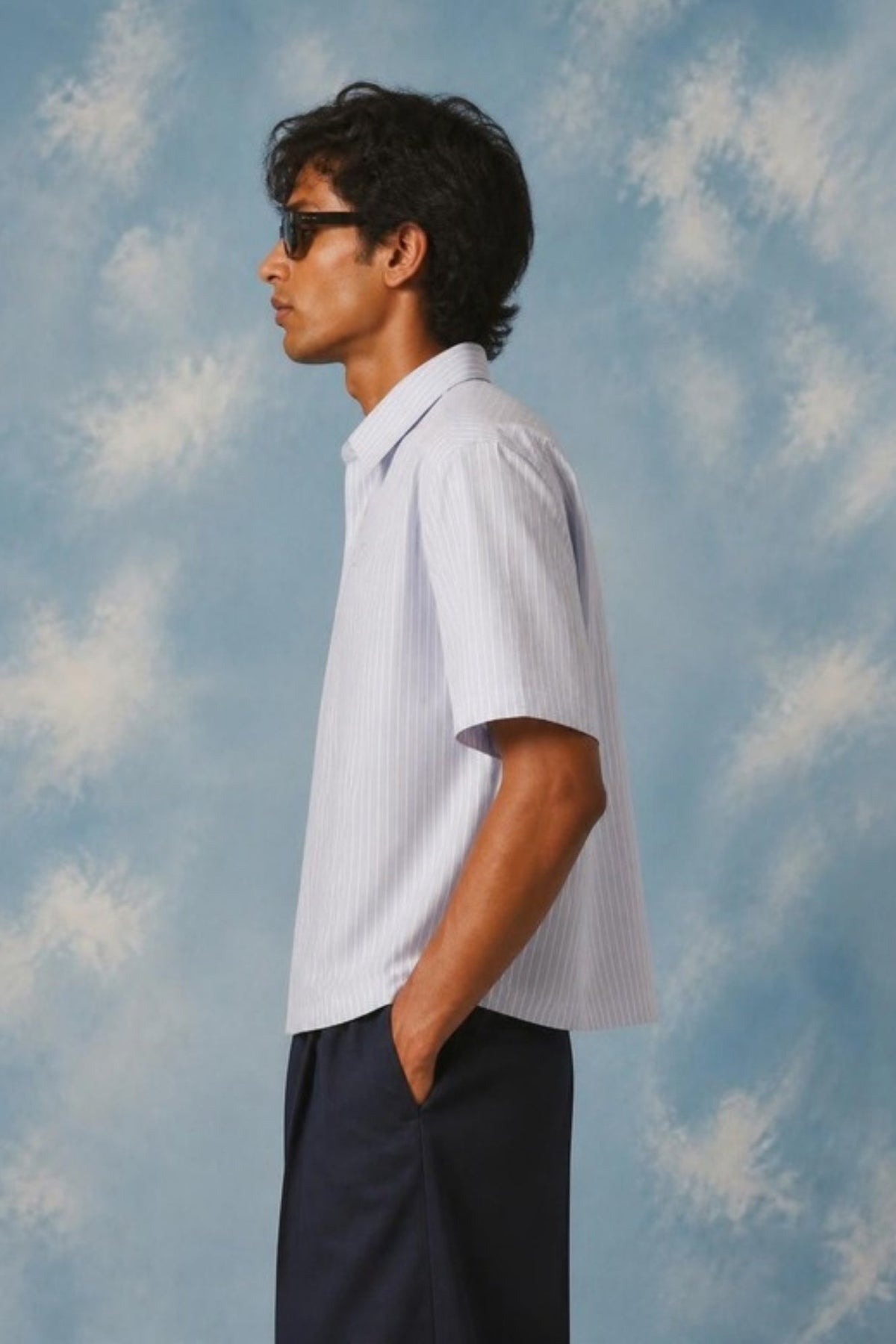 Side profile of the Sleepysleve Blue Striped Oxford Boxy Shirt