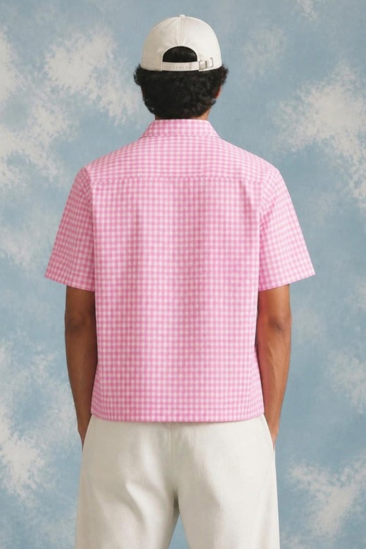Back view of the Sleepysleve Pink Gingham Oxford Boxy Shirt on a model