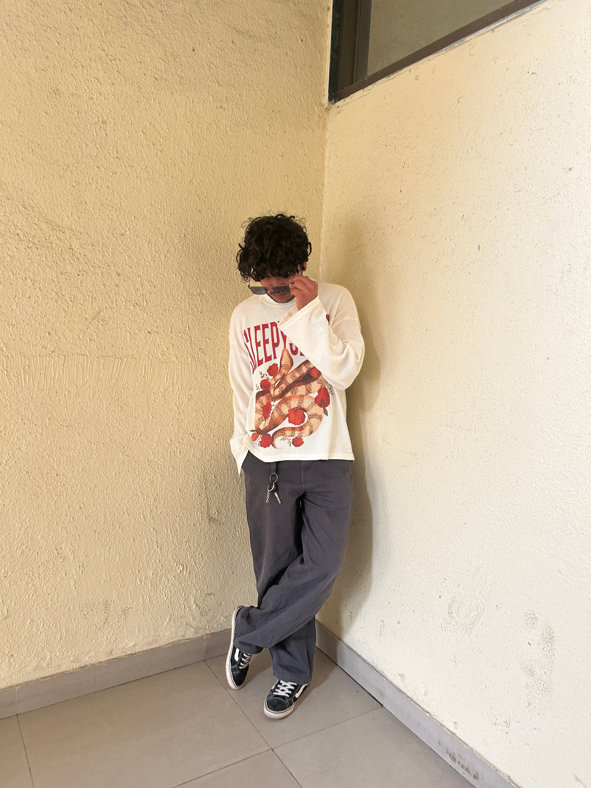 Sleepysleve Snakesleve waffle knit full sleeve tee with snake and roses graphic
