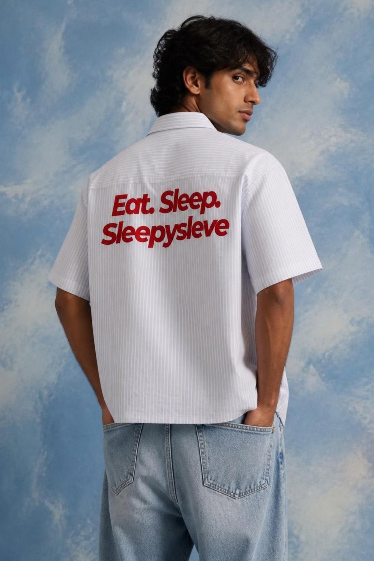 Model wearing the Sleepysleve Godspeed shirt