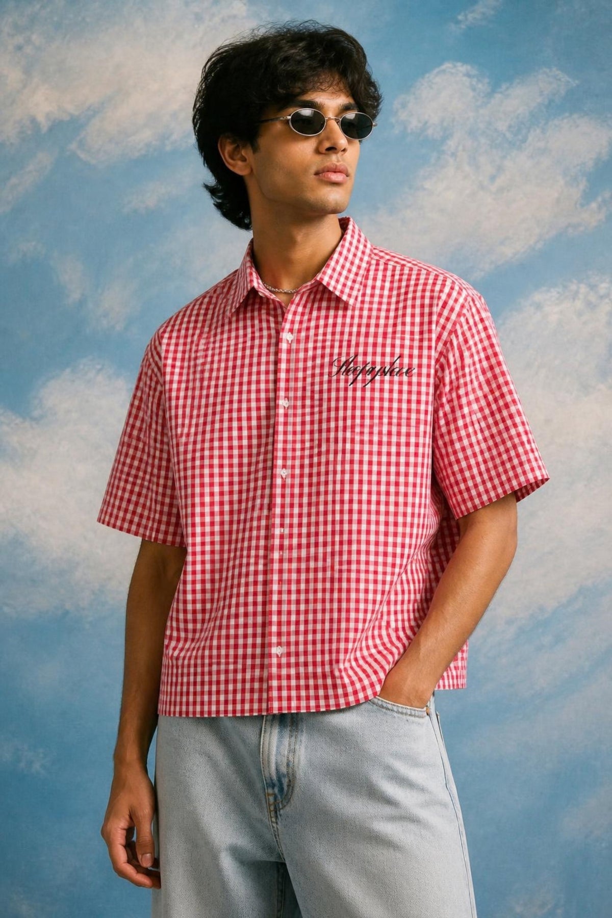 Model wearing the Sleepysleve Red Gingham Oxford Boxy Shirt