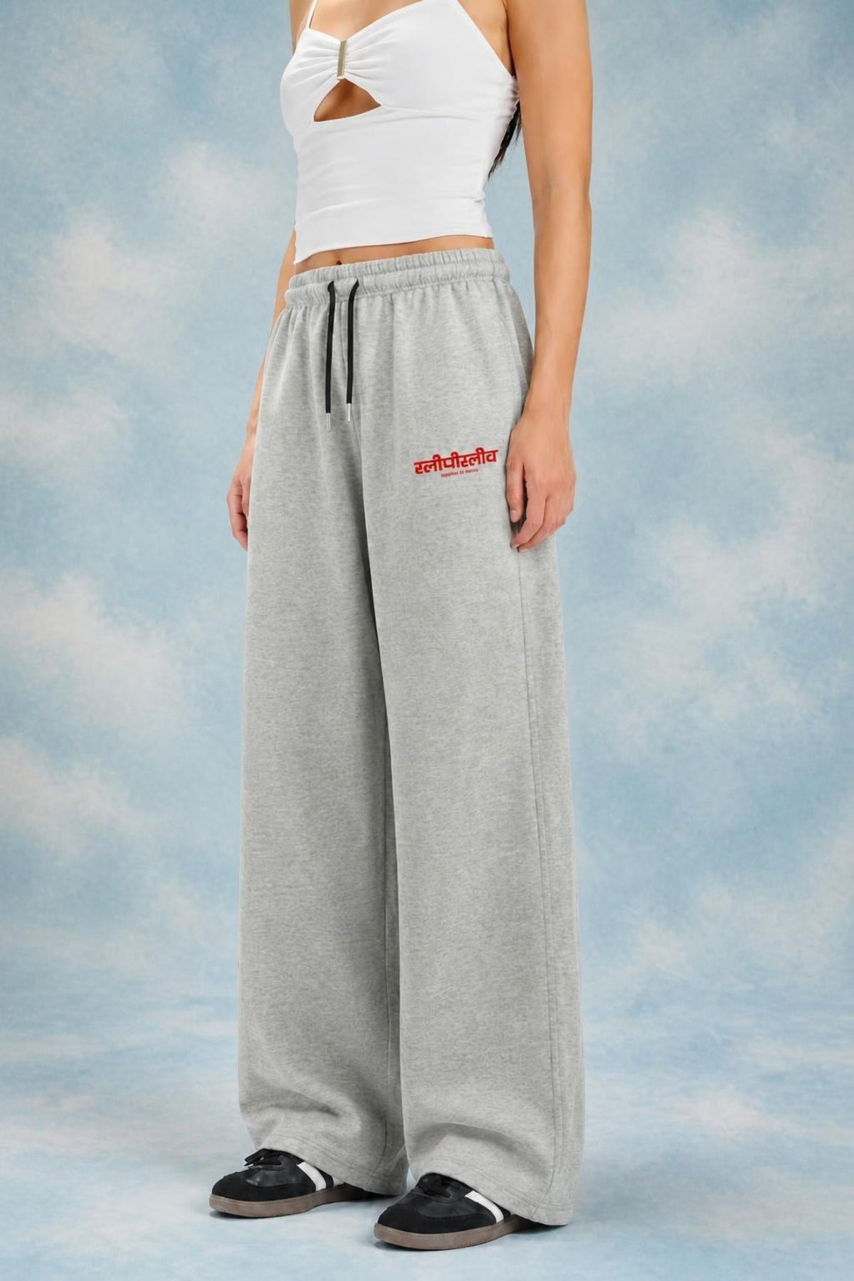 Sleepysleve heather grey baggy wide leg sweatpant worn by a female model