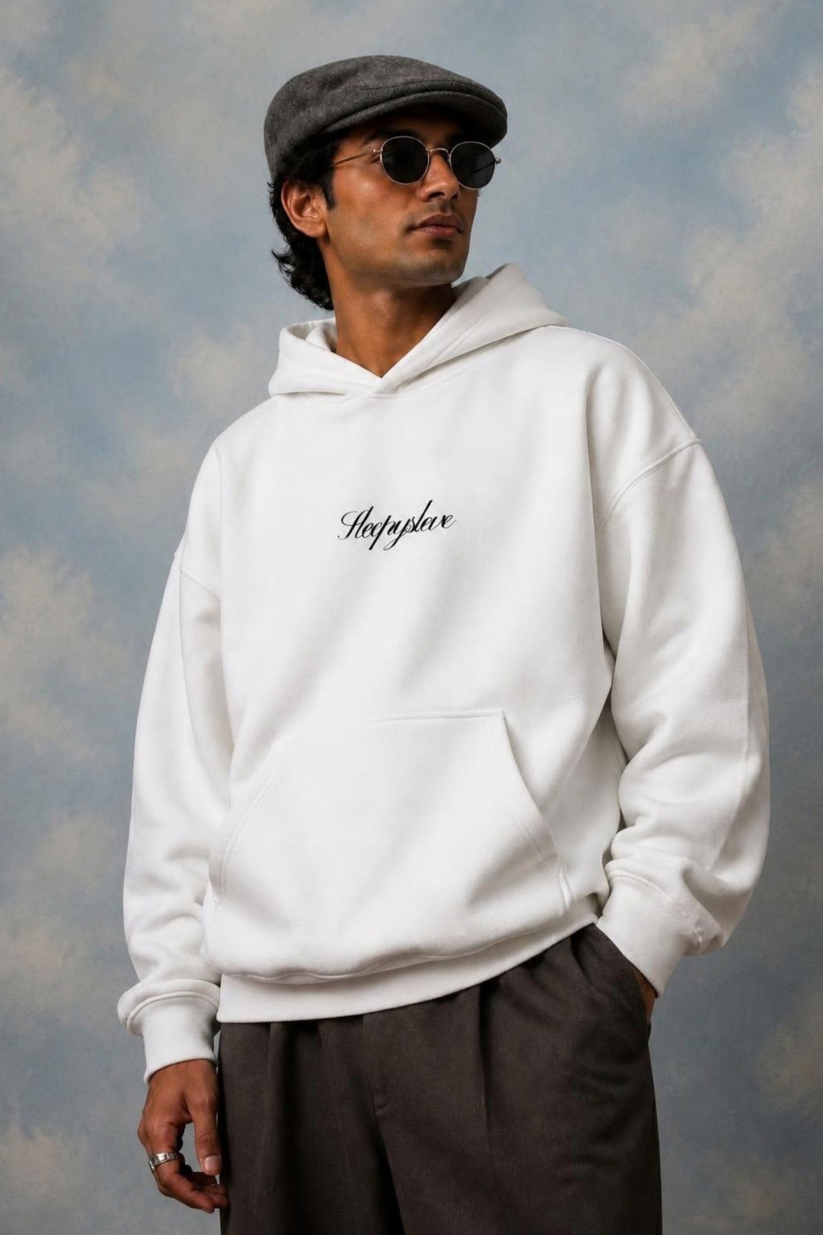 Model wearing the Sleepysleve White Oversized Hoodie