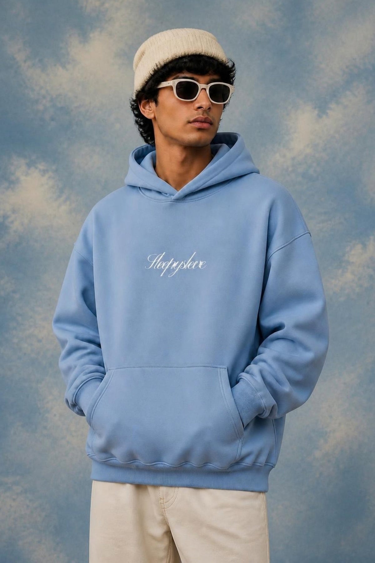 Model wearing the Sleepysleve JordyBlue Oversized Hoodie