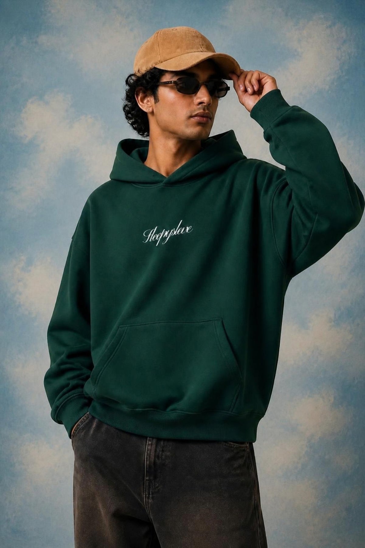 Model wearing the Sleepysleve Firefly green Oversized Hoodie