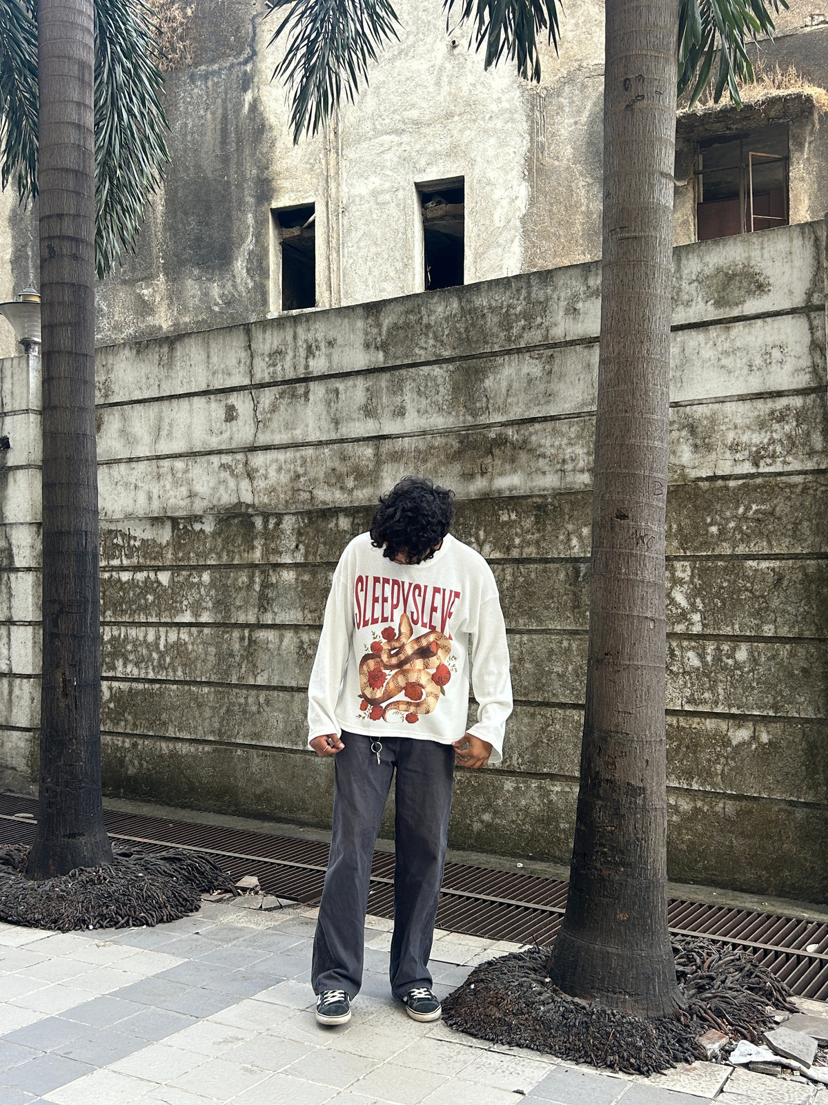 Sleepysleve Snakesleve waffle tee worn by a model, front view