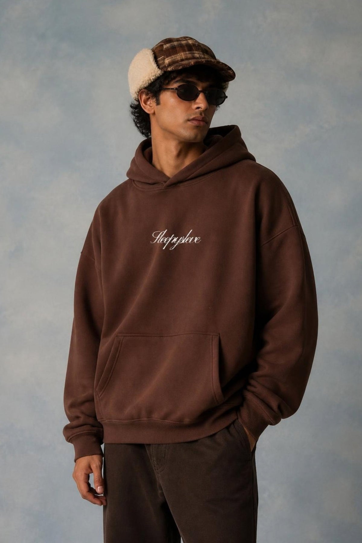 Model wearing the Sleepysleve Chocolate Brown Oversized Hoodie
