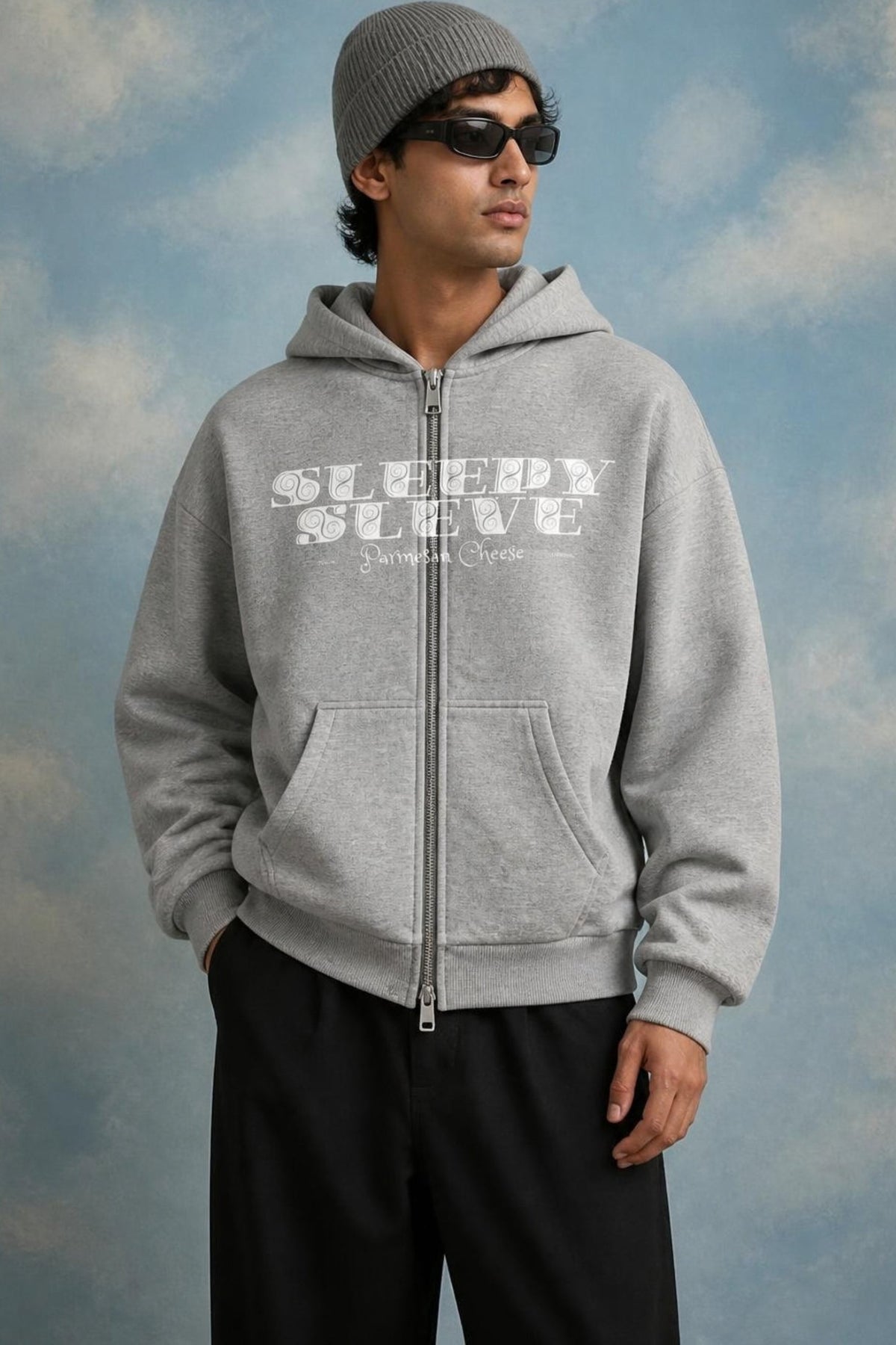 Model wearing the Sleepysleve Grey Double Zip Hoodie