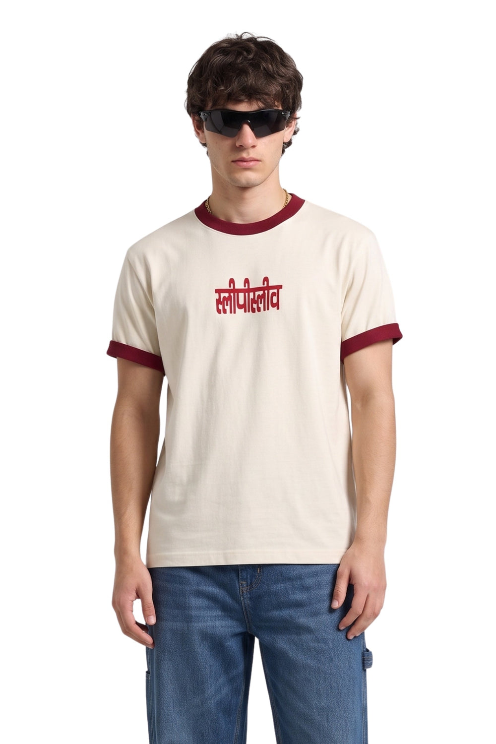 Off White & Maroon Ringer Tee