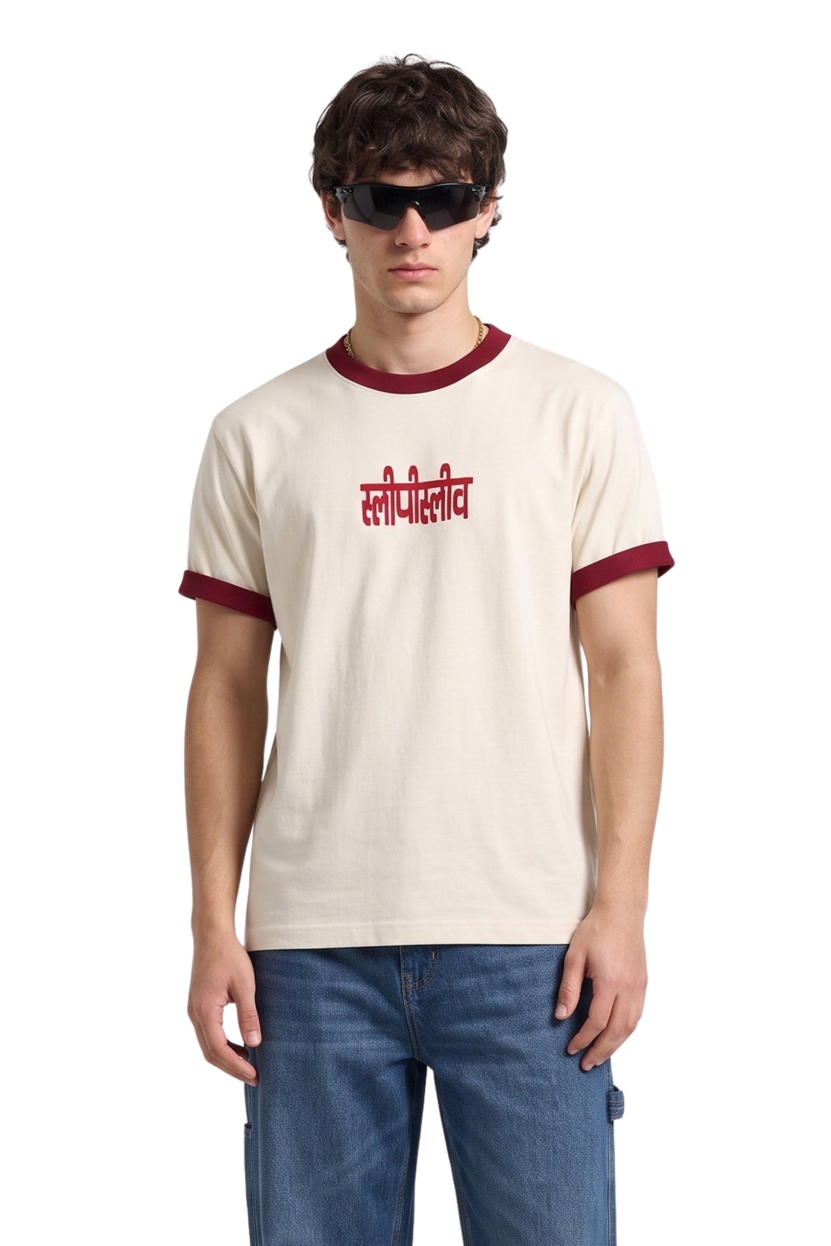 Model wearing the Sleepysleve Off White & Maroon Ringer Tee