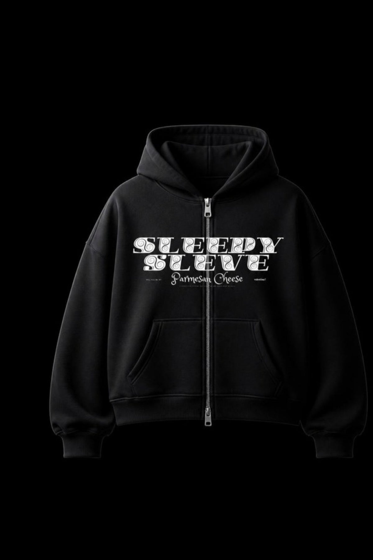 Sleepysleve Black Double Zip boxy hoodie front, studio shot on black