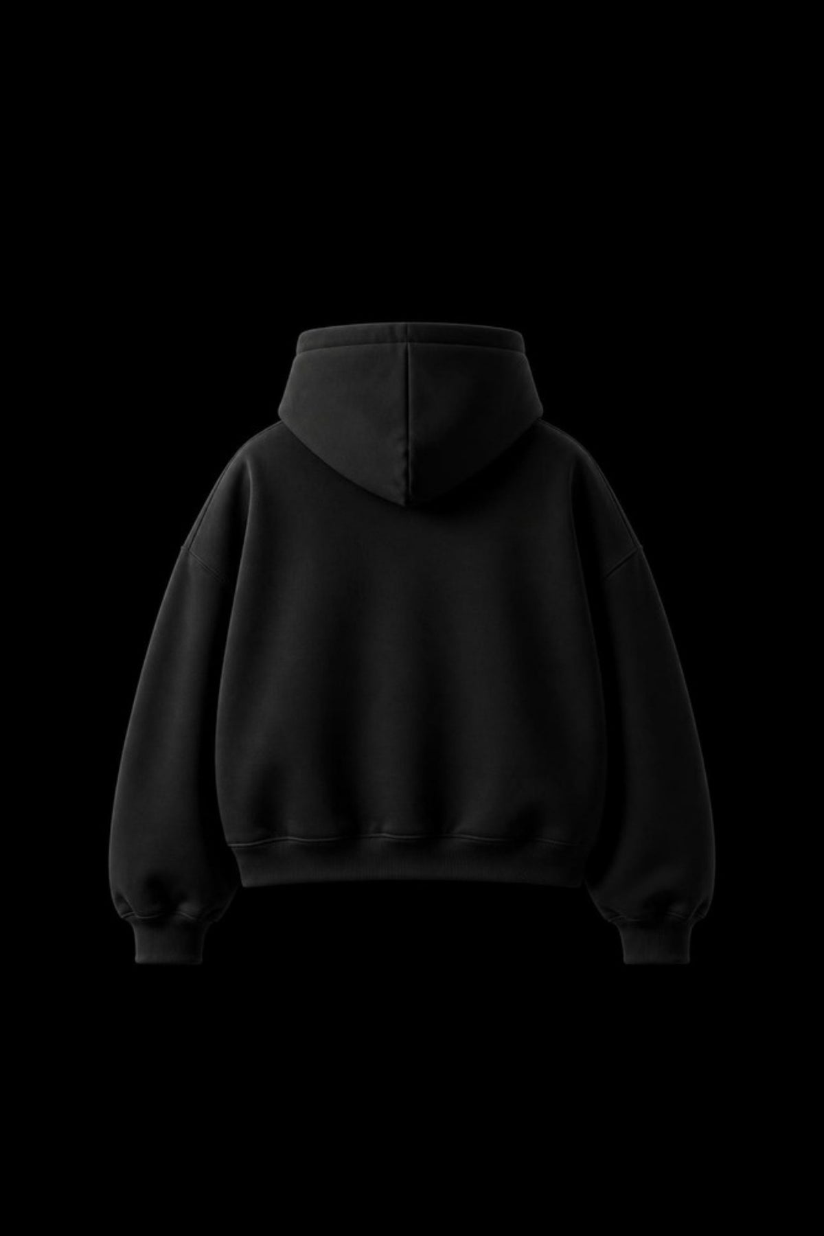 Sleepysleve Black boxy hoodie back, studio shot on black