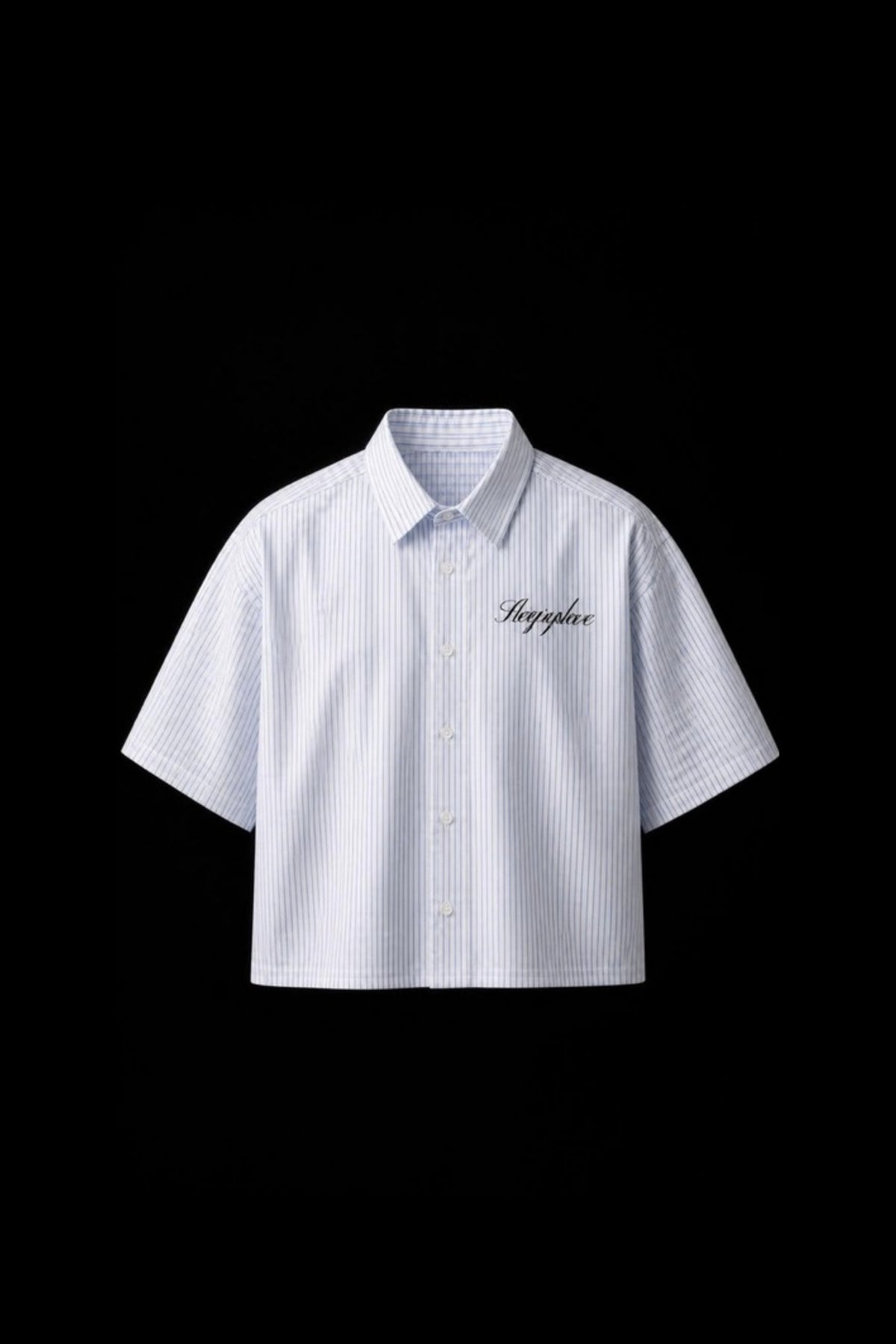 Sleepysleve Blue Striped Oxford Boxy Shirt front, studio shot on black