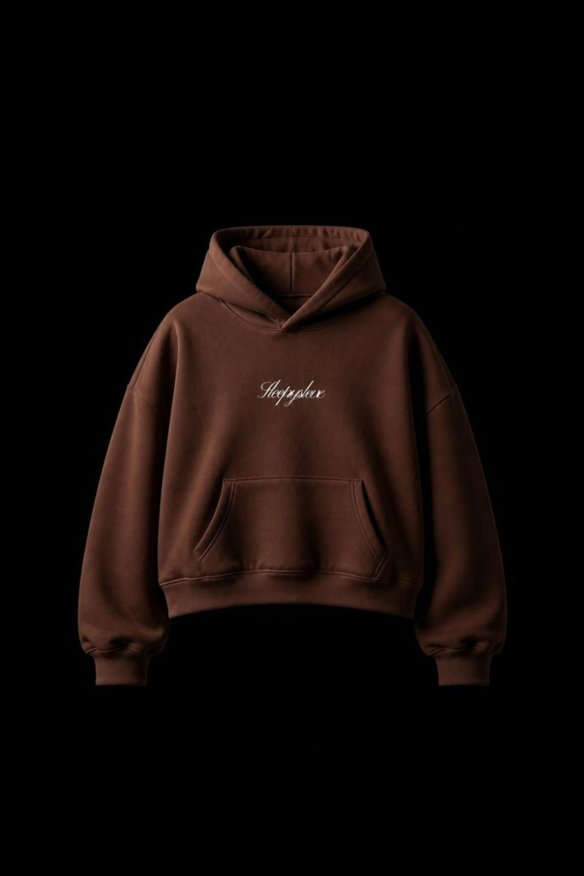 Sleepysleve Chocolate Brown boxy hoodie front, studio shot on black