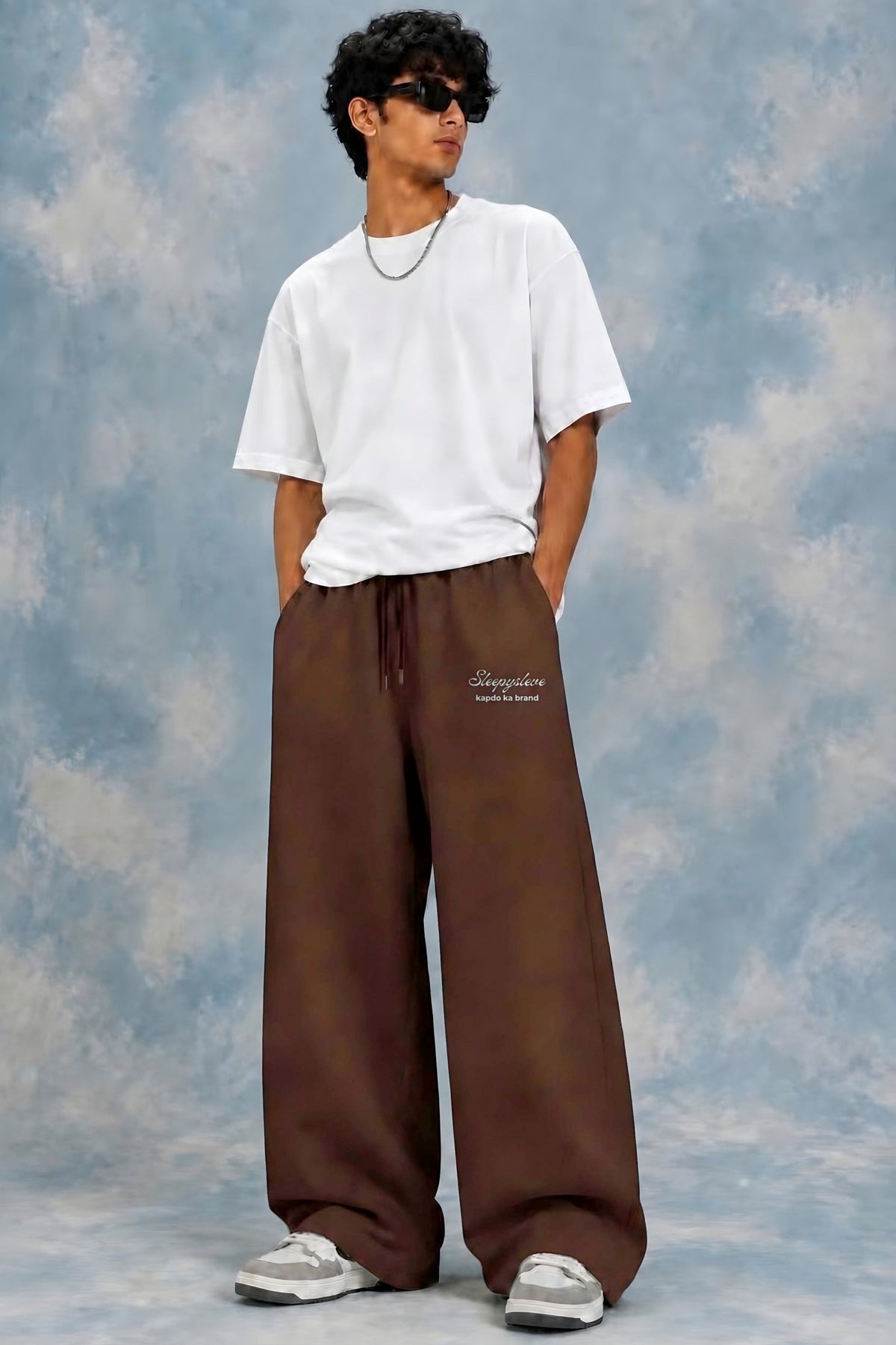 Chocolate Brown Sweatpant full-length fit on male model with white tee – Sleepysleve