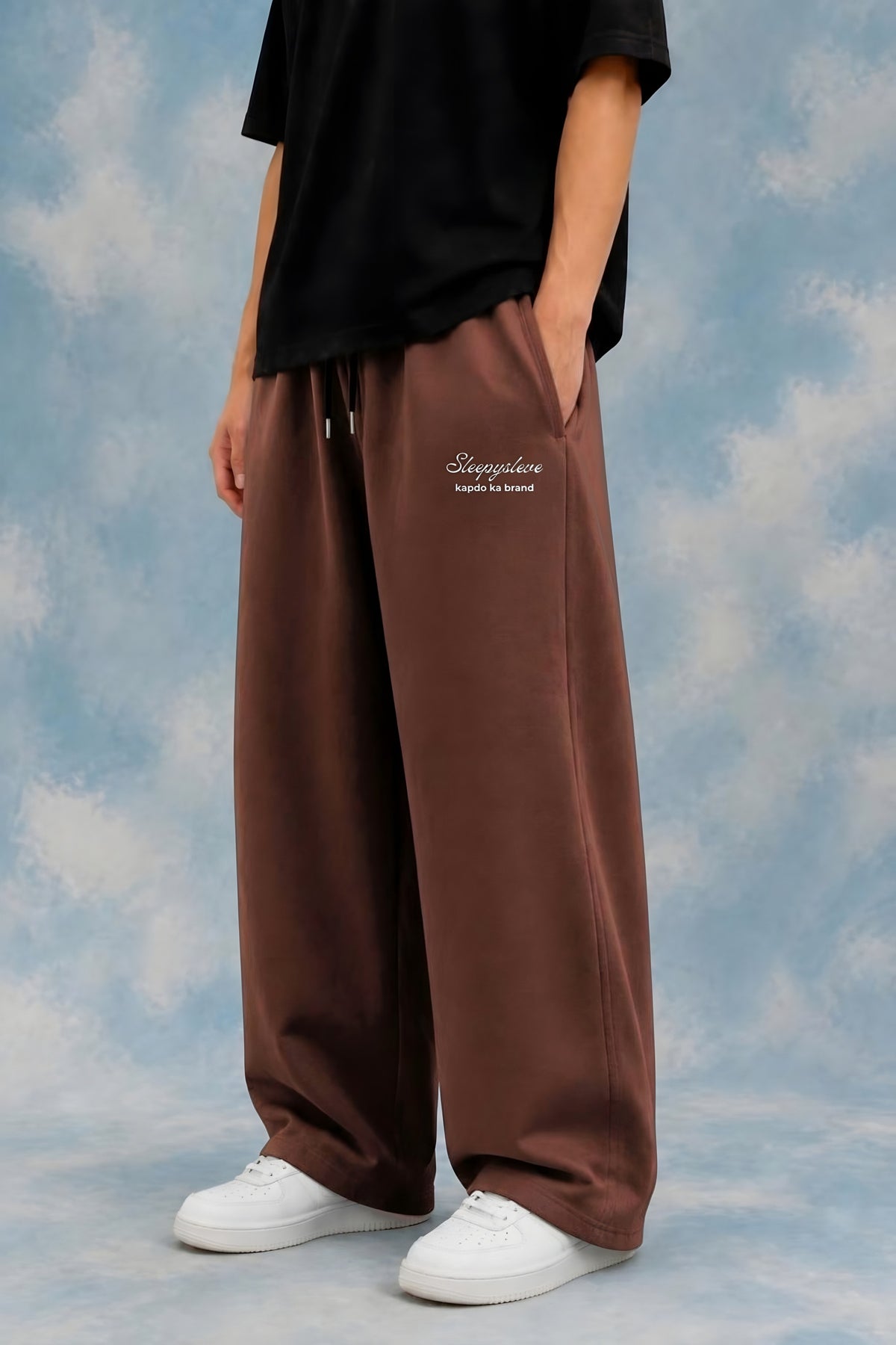 Chocolate Brown Sweatpant worn by male model with black tee – Sleepysleve
