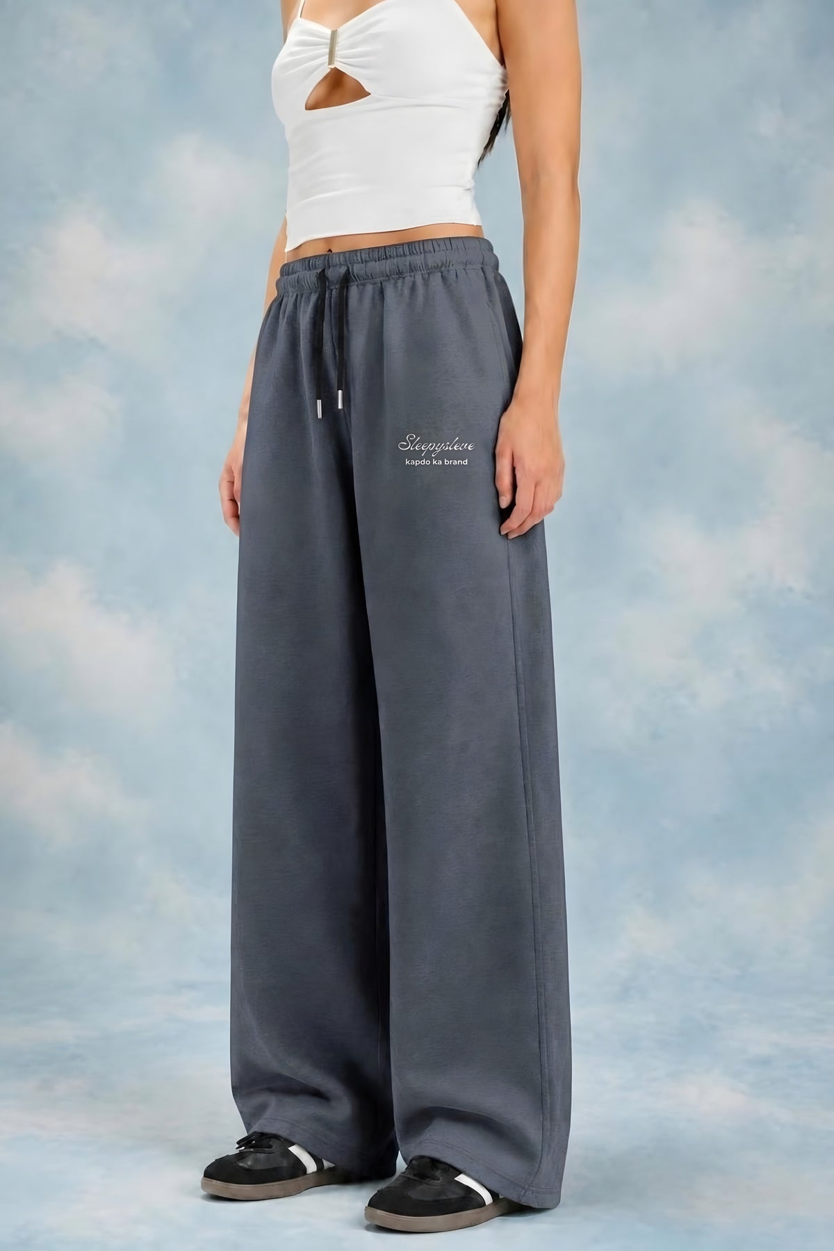 Charcoal Grey Sweatpant worn by female model with white crop top – Sleepysleve