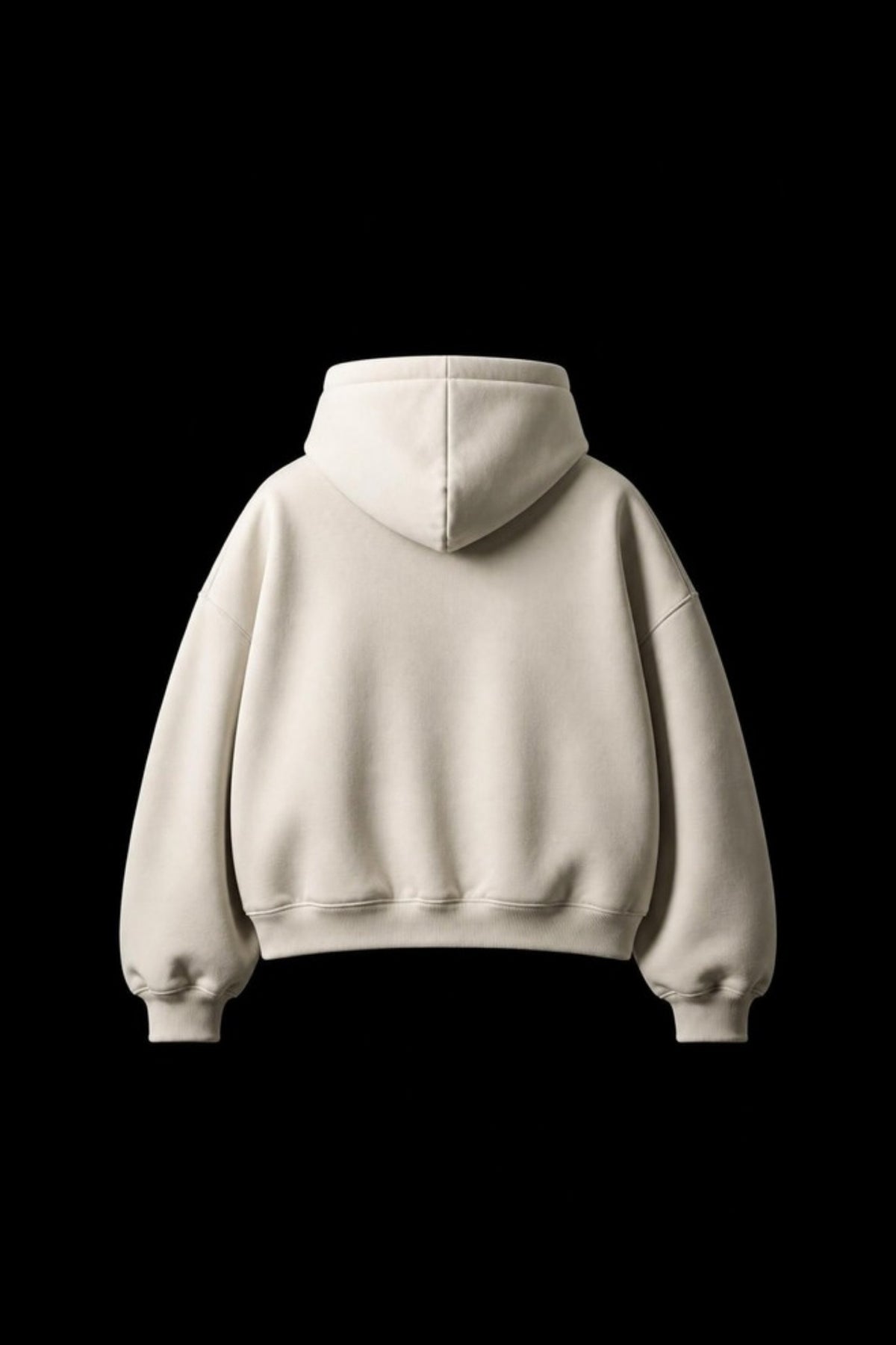 Sleepysleve Cream boxy hoodie back, studio shot on black