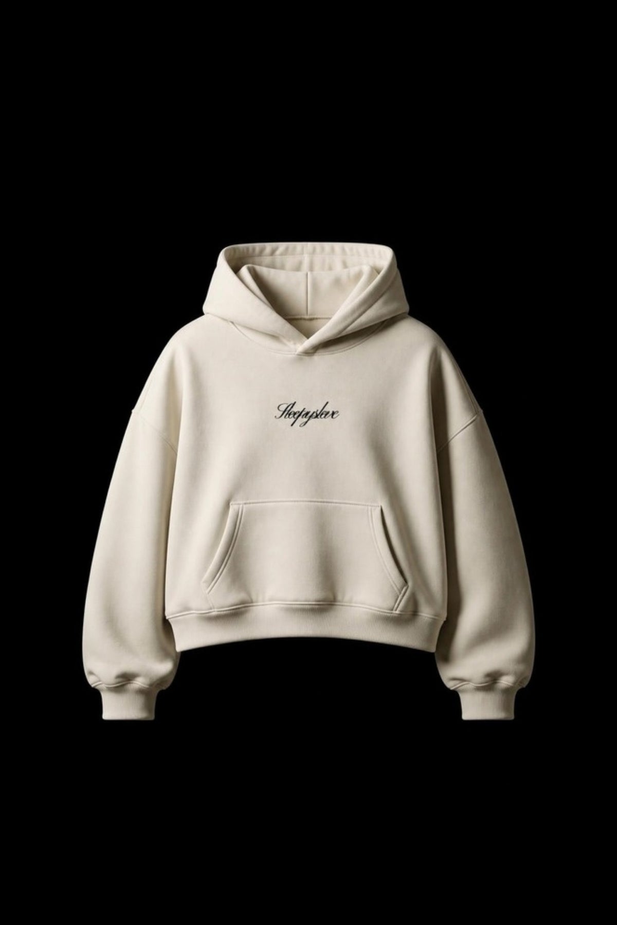 Sleepysleve Cream boxy hoodie front, studio shot on black