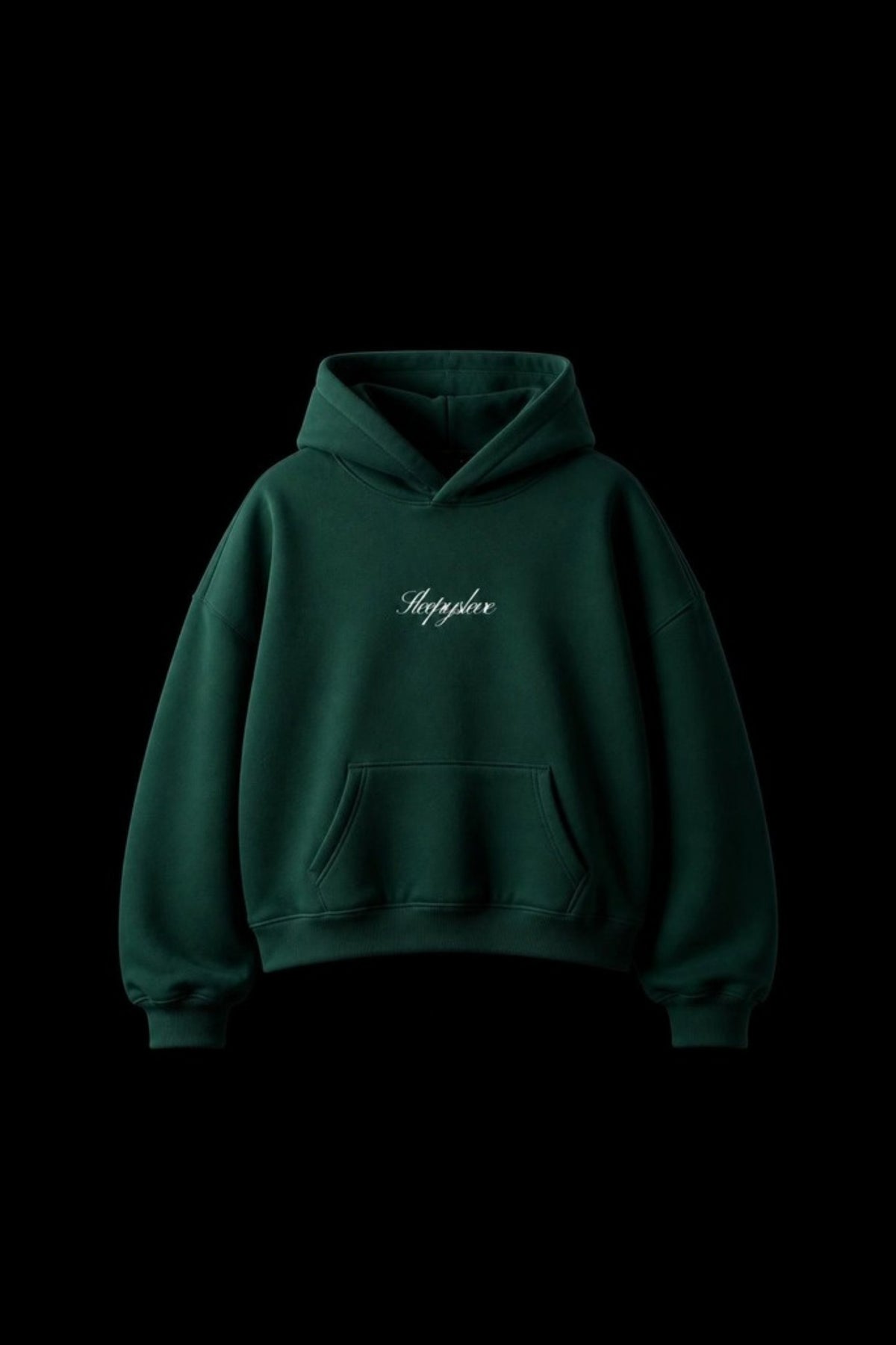 Sleepysleve Firefly green boxy hoodie front, studio shot on black