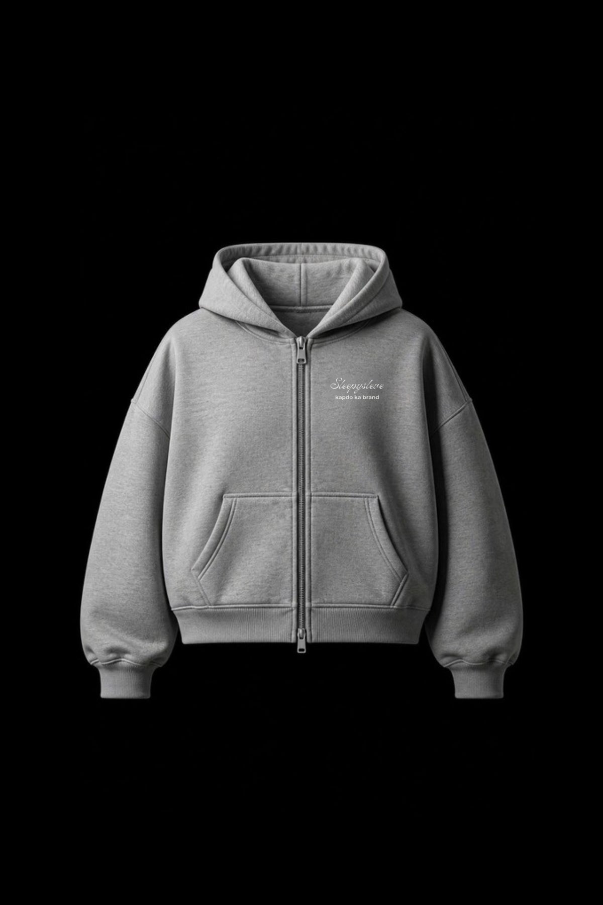 Sleepysleve Grey Basic Zip boxy hoodie front, studio shot on black