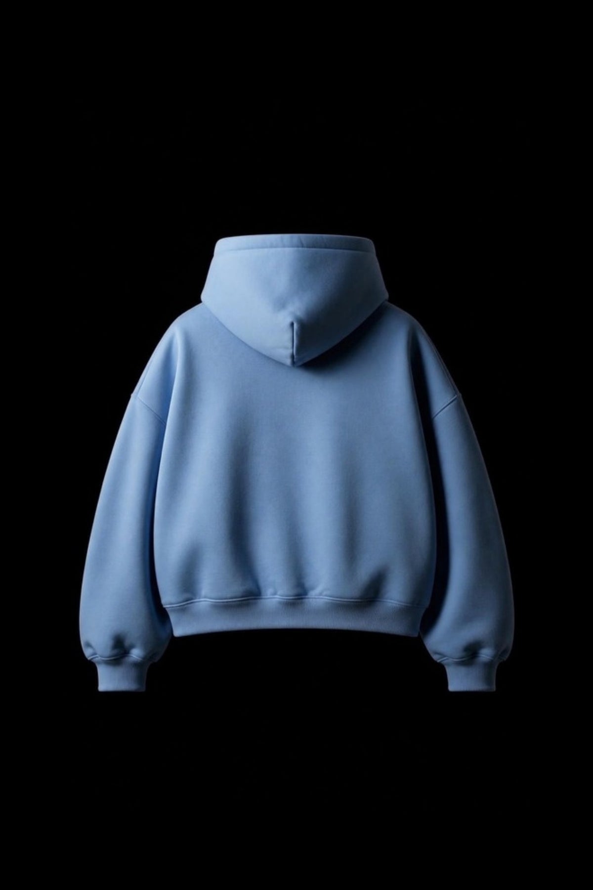 Sleepysleve JordyBlue boxy hoodie back, studio shot on black