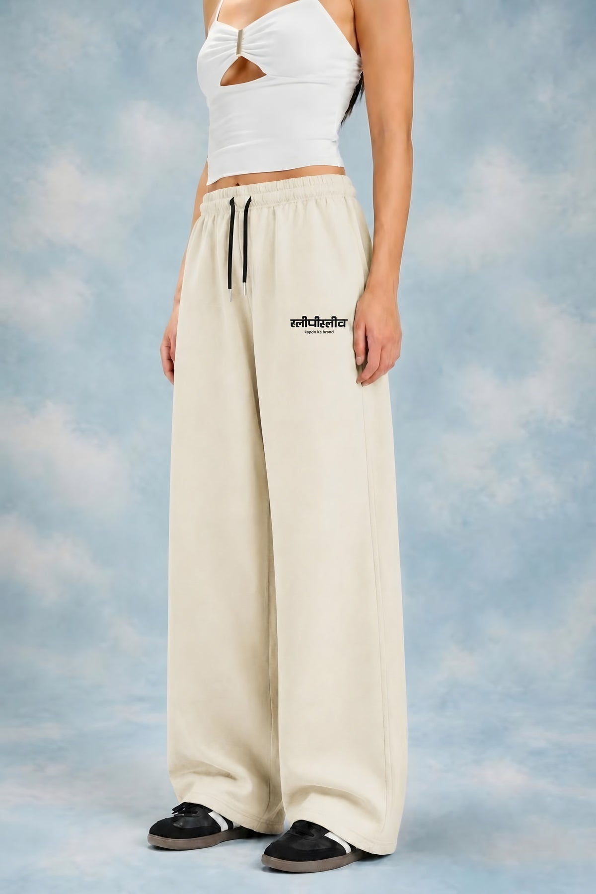 Off White Sweatpant worn by female model with white crop top – Sleepysleve