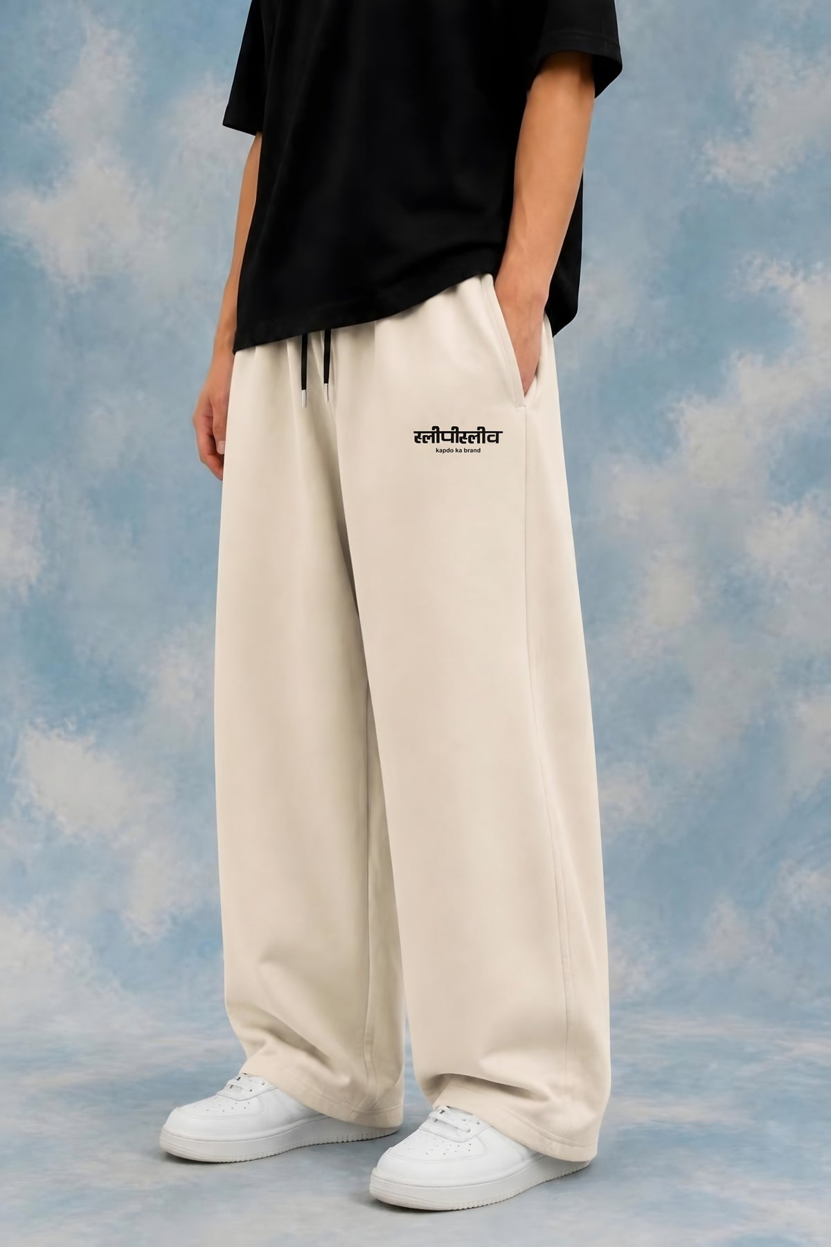 Off White Sweatpant worn by male model with black tee – Sleepysleve