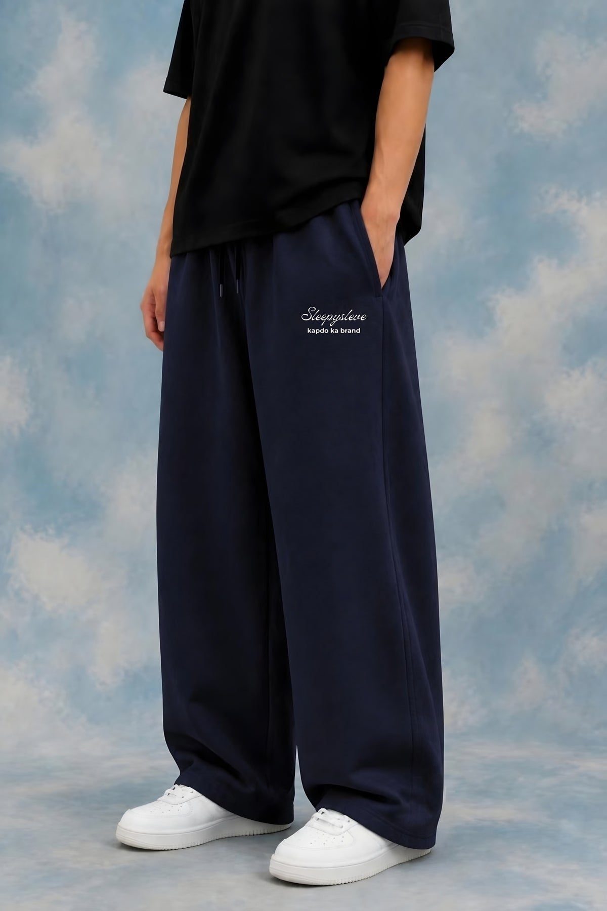 Pearl Blue Sweatpant worn by male model with black tee – Sleepysleve