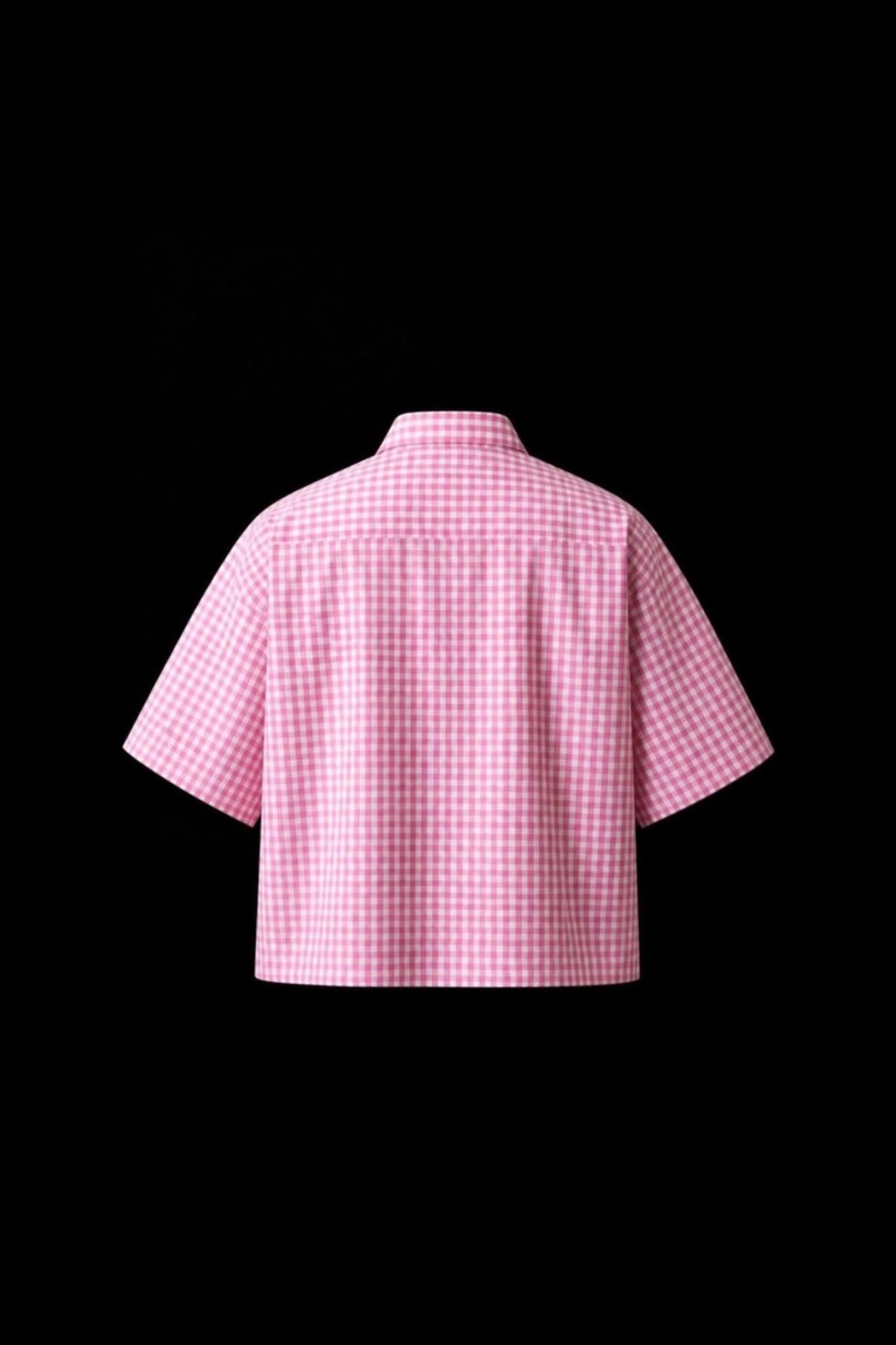 Sleepysleve Pink Gingham Oxford Boxy Shirt back, studio shot on black