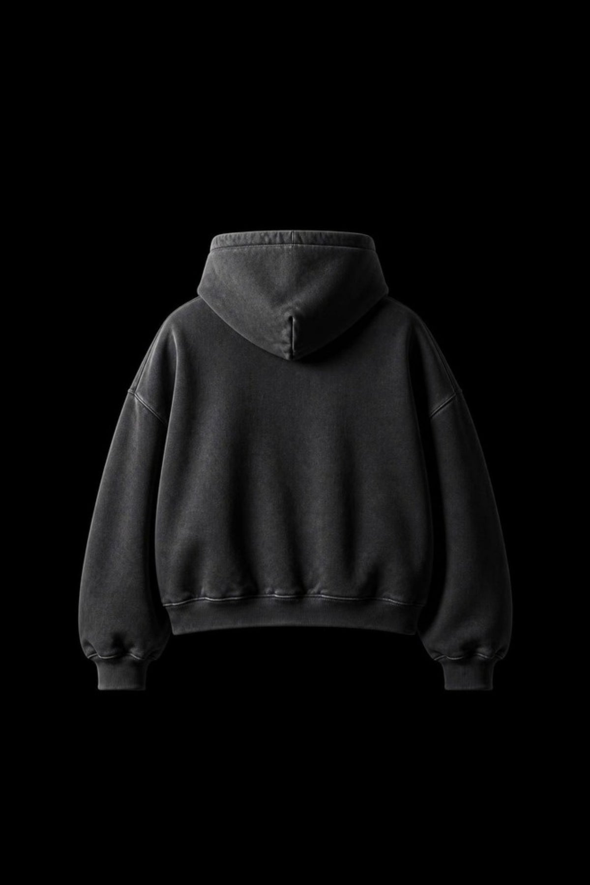 Sleepysleve Stone Wash boxy hoodie back, studio shot on black
