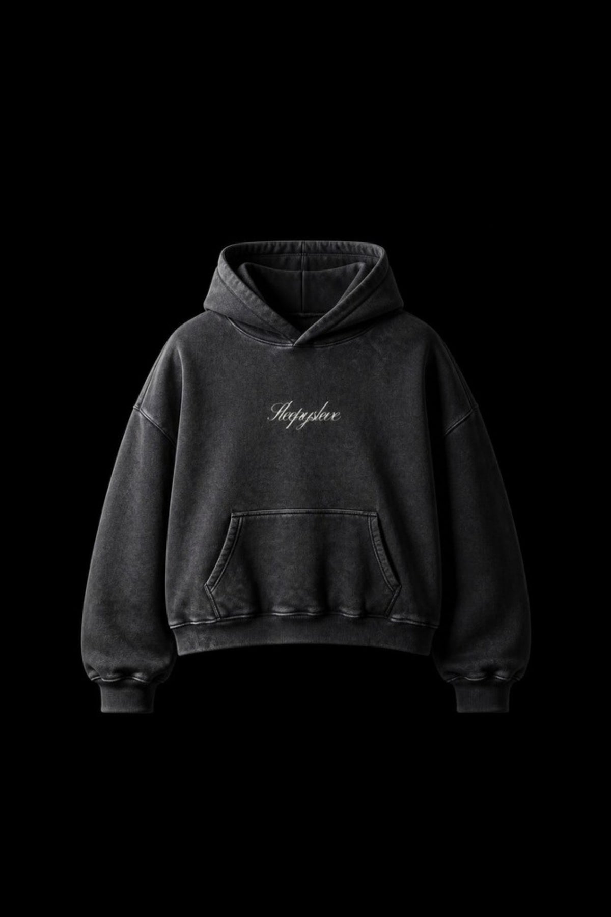 Sleepysleve Stone Wash boxy hoodie front, studio shot on black