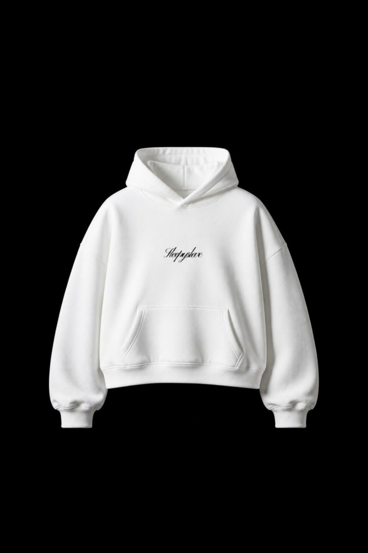 Sleepysleve White boxy hoodie front, studio shot on black